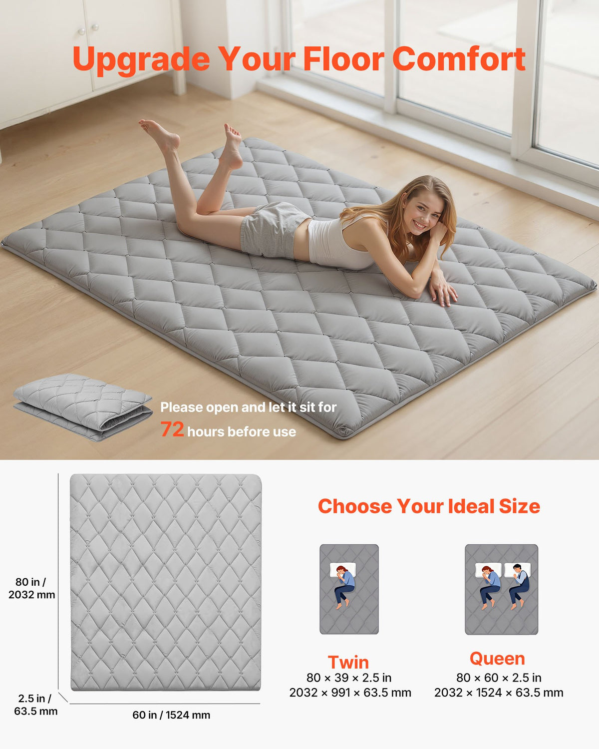 Tatami Mat Queen Size Foldable 9-Layer Futon Floor Mat 2032x1524x63.5mm Gray