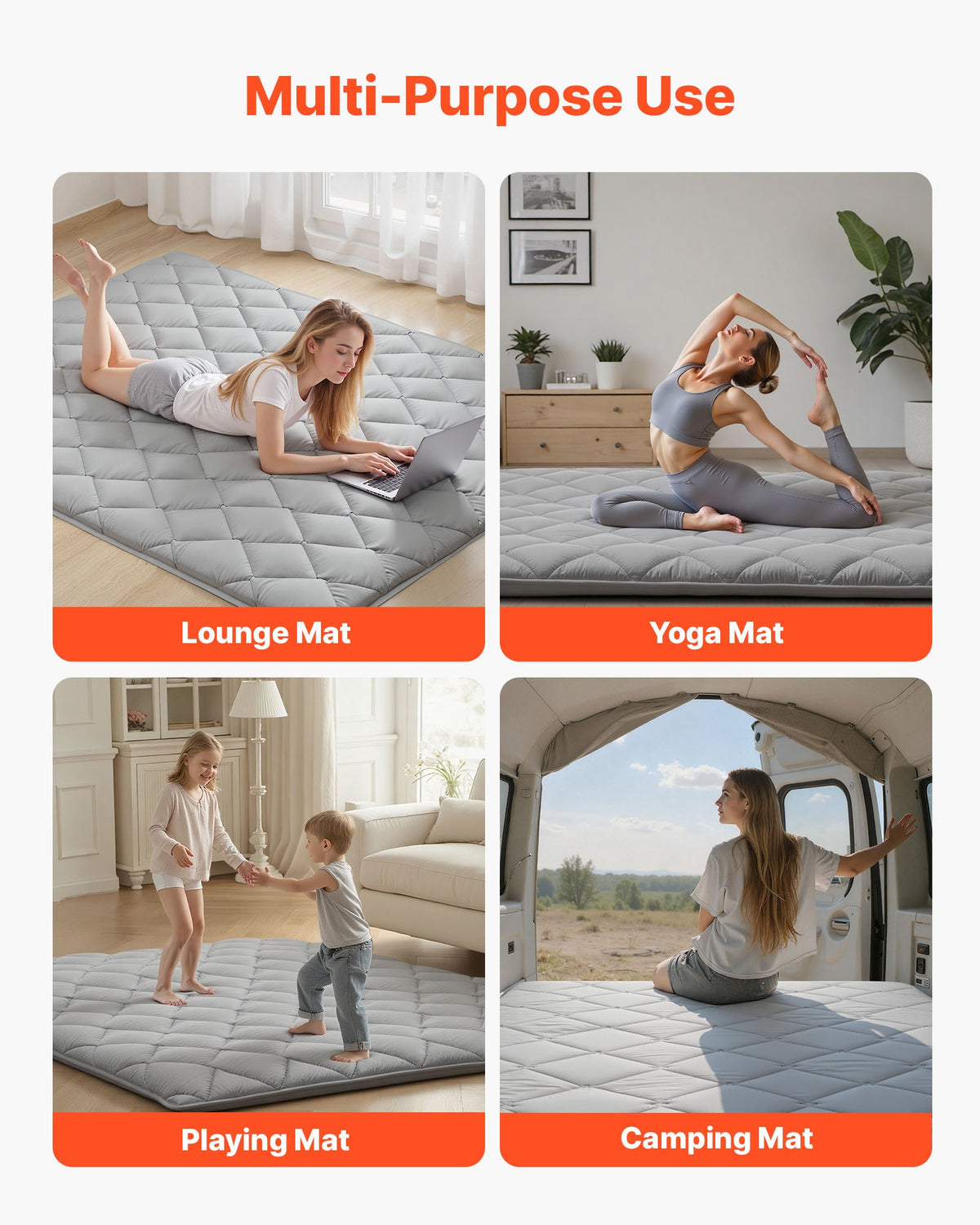 Tatami Mat Queen Size Foldable 9-Layer Futon Floor Mat 2032x1524x63.5mm Gray