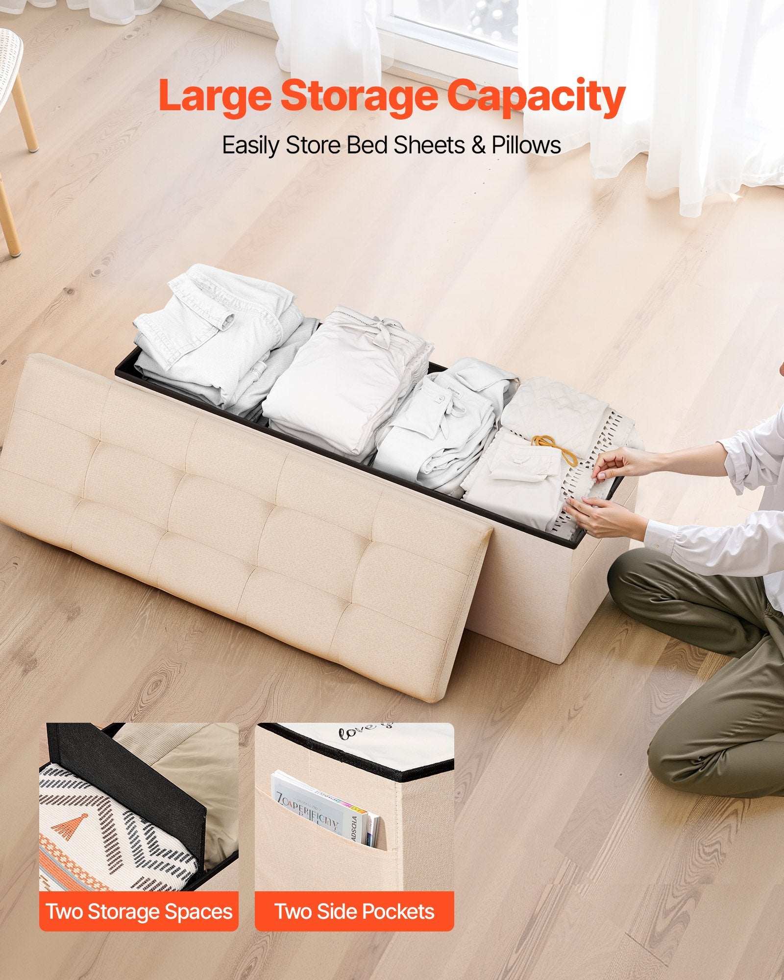 Storage Ottoman Bench Foldable Upholstered Linen Chest Side Bags 660lbs Beige