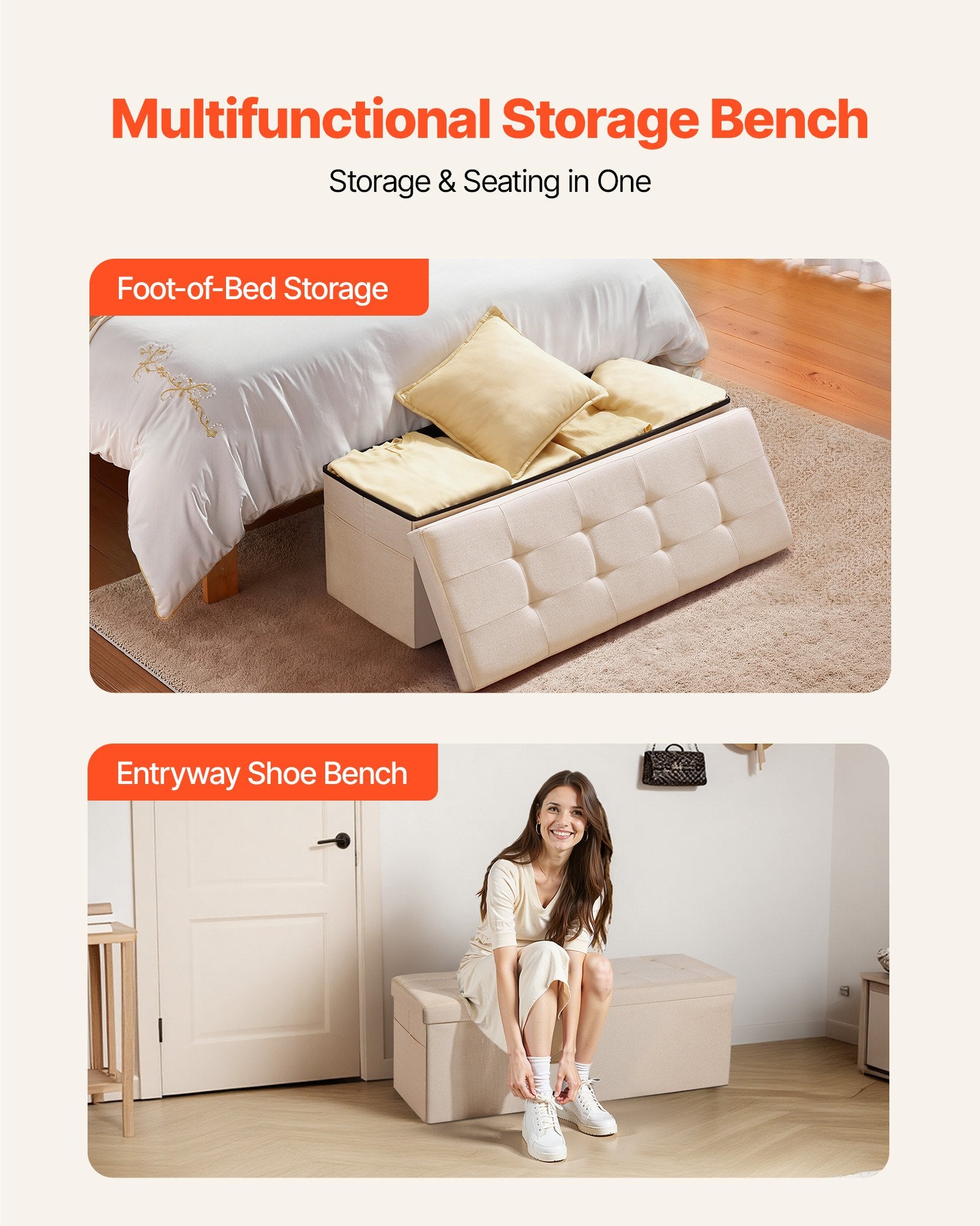 Storage Ottoman Bench Foldable Upholstered Linen Chest Side Bags 660lbs Beige