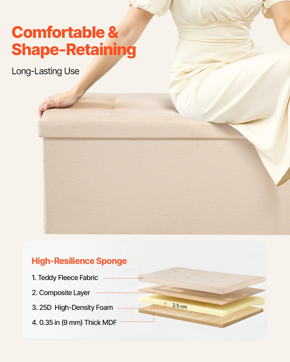 Storage Ottoman Bench Foldable Upholstered Linen Chest Side Bags 660lbs Beige