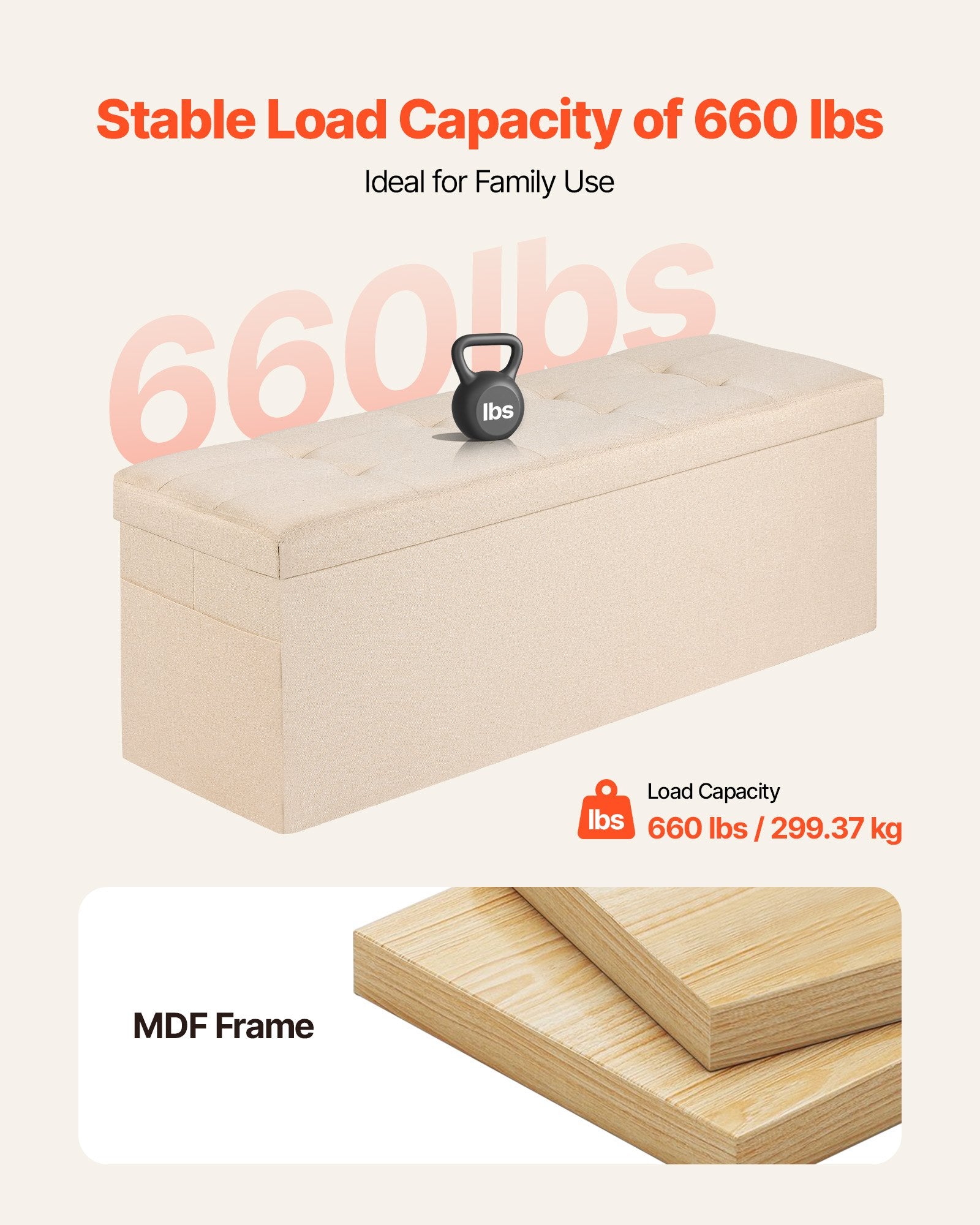 Storage Ottoman Bench Foldable Upholstered Linen Chest Side Bags 660lbs Beige
