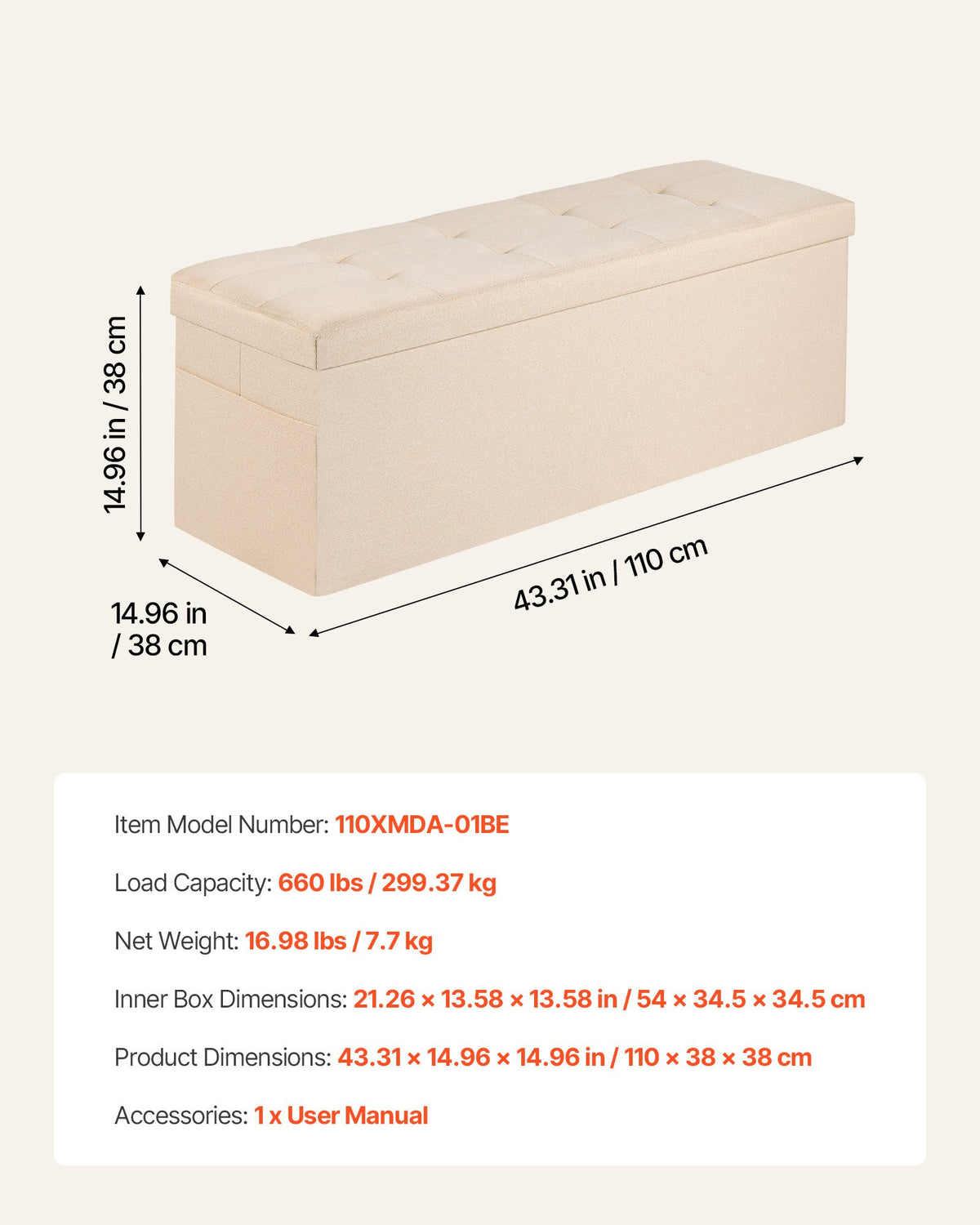 Storage Ottoman Bench Foldable Upholstered Linen Chest Side Bags 660lbs Beige