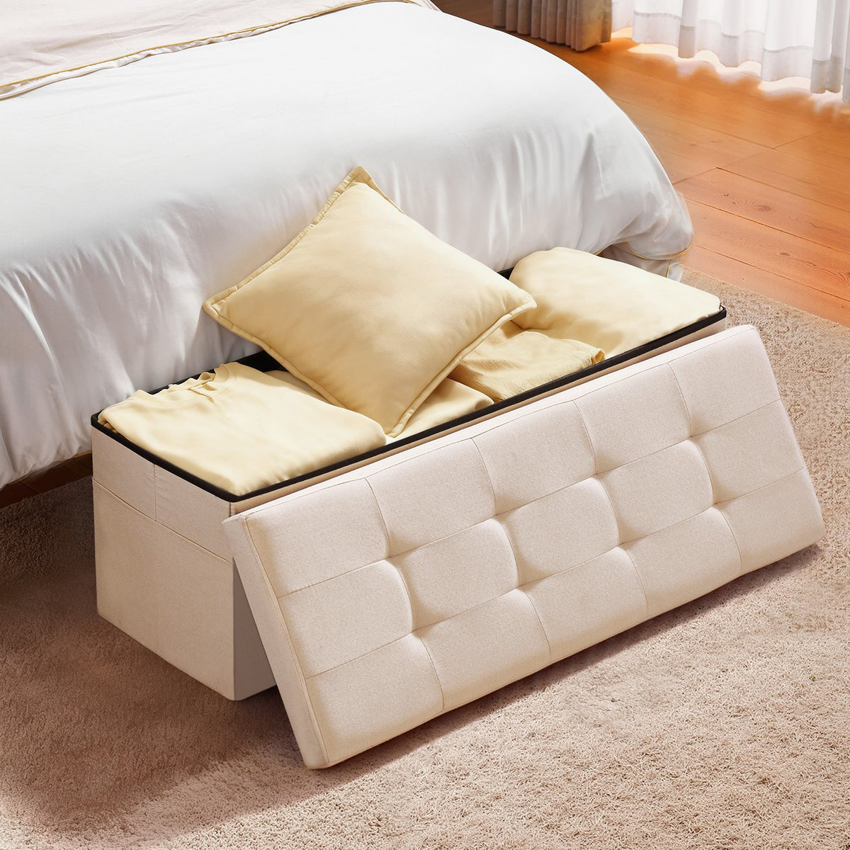 Storage Ottoman Bench Foldable Upholstered Linen Chest Side Bags 660lbs Beige