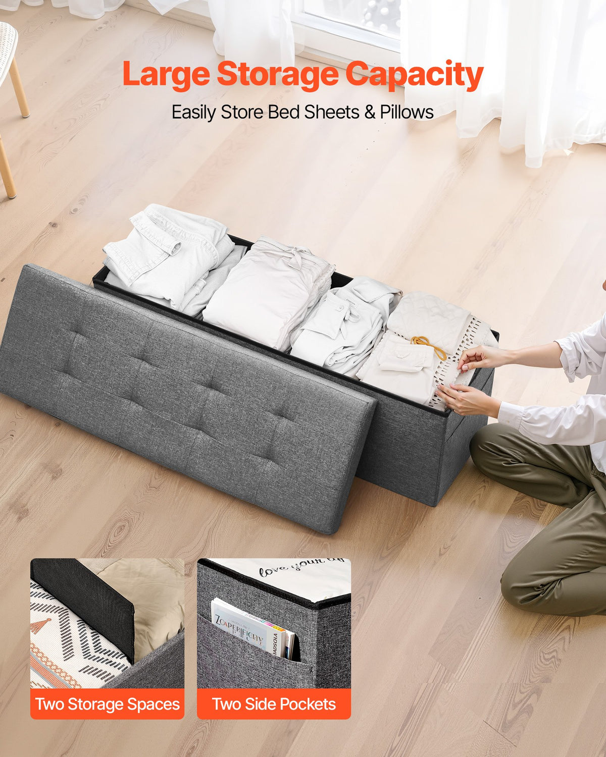 Foldable Storage Ottoman Bench Side Bags Upholstered Linen Chest 660 lbs Grey