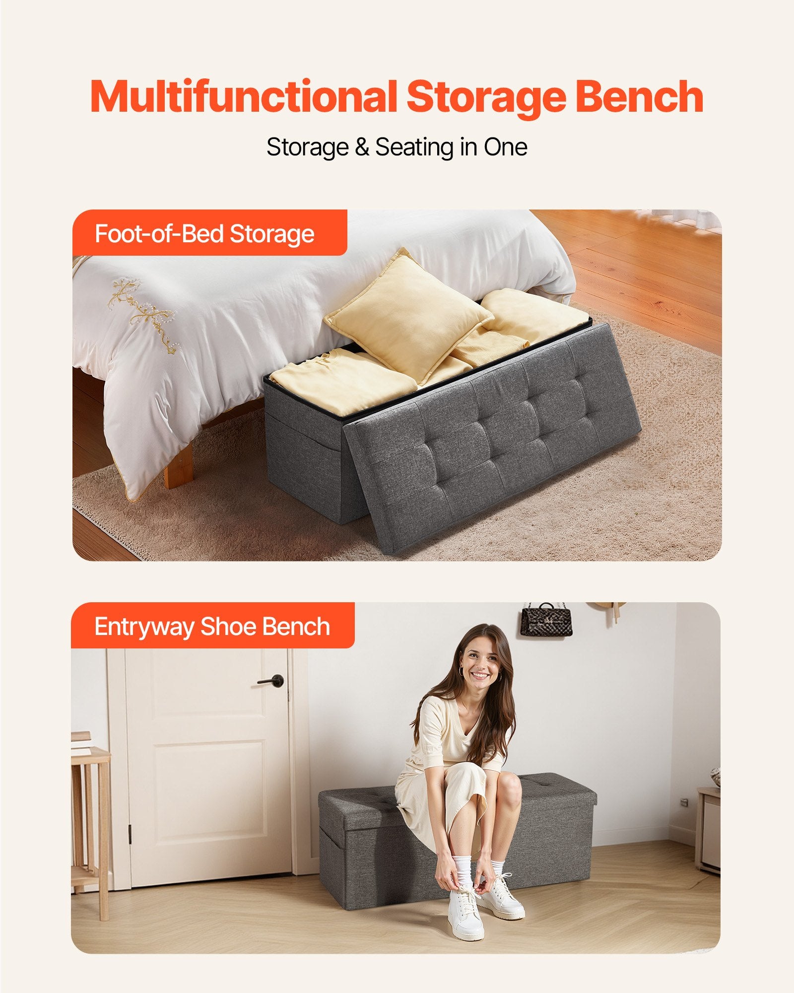 Foldable Storage Ottoman Bench Side Bags Upholstered Linen Chest 660 lbs Grey