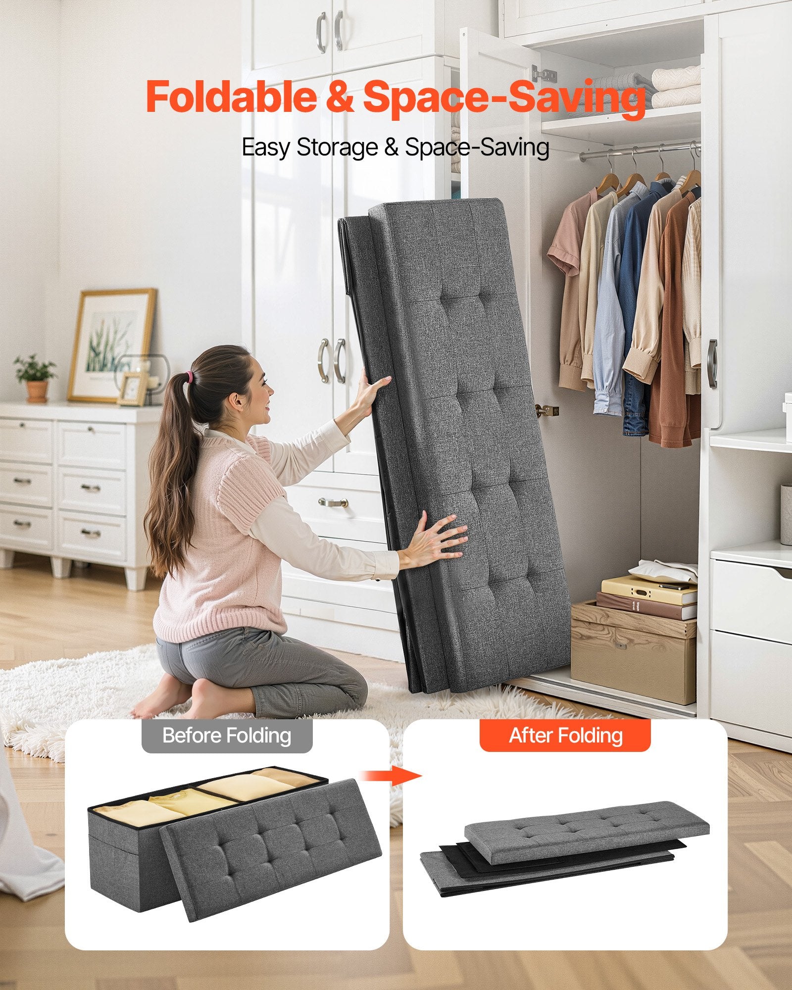 Foldable Storage Ottoman Bench Side Bags Upholstered Linen Chest 660 lbs Grey