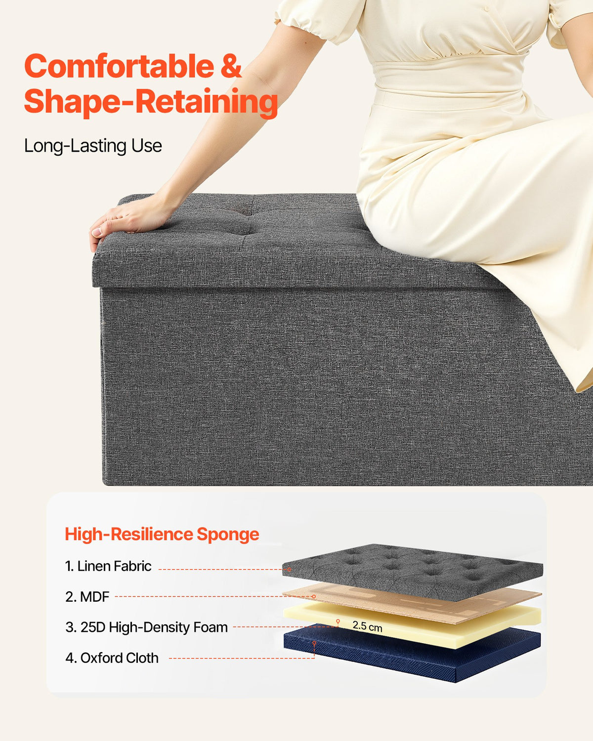 Foldable Storage Ottoman Bench Side Bags Upholstered Linen Chest 660 lbs Grey