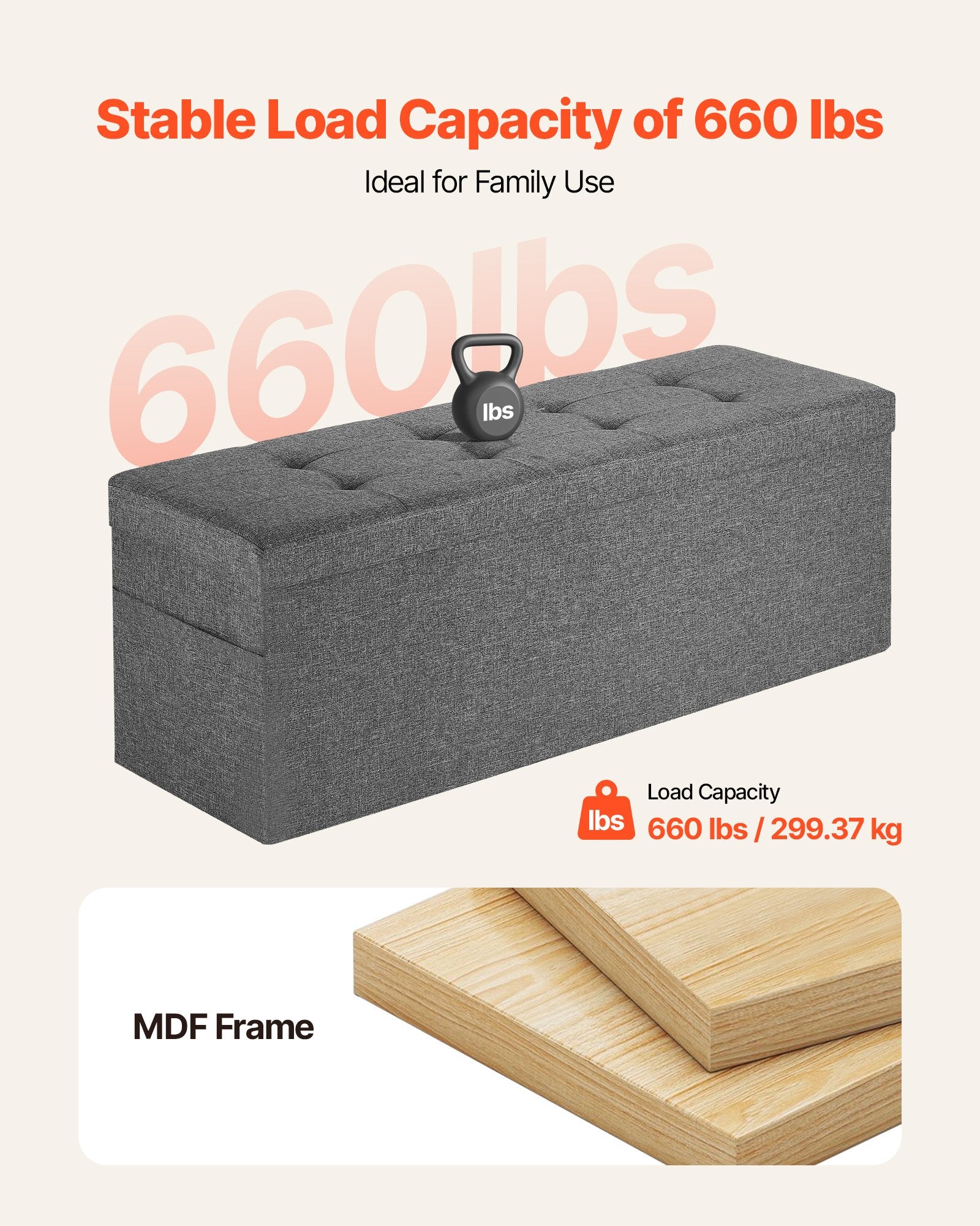 Foldable Storage Ottoman Bench Side Bags Upholstered Linen Chest 660 lbs Grey