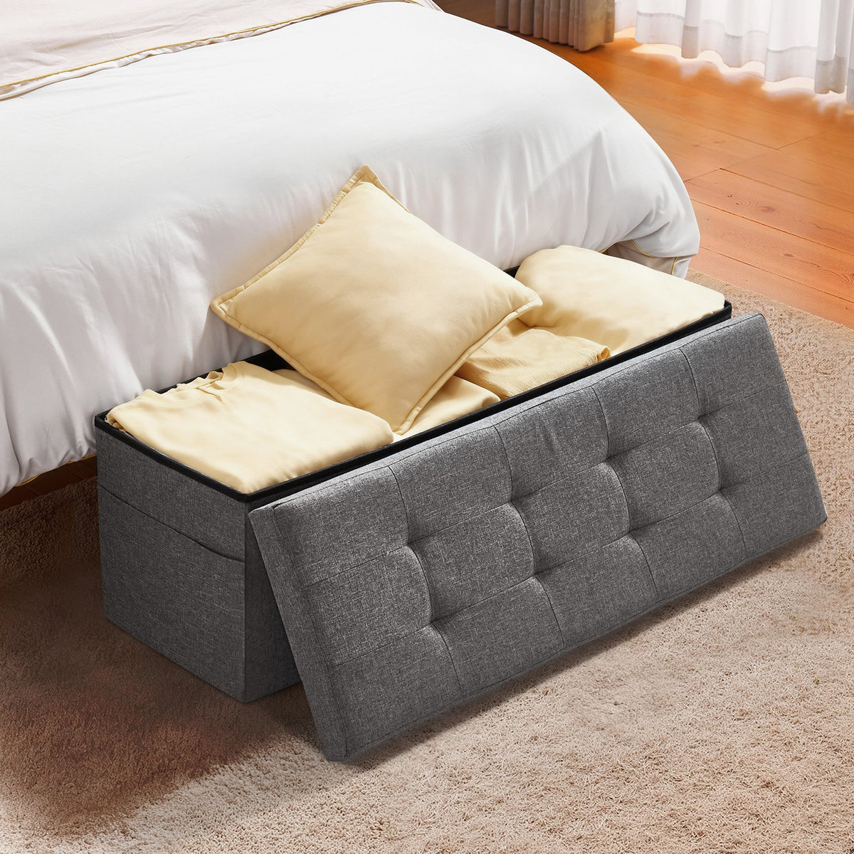 Foldable Storage Ottoman Bench Side Bags Upholstered Linen Chest 660 lbs Grey