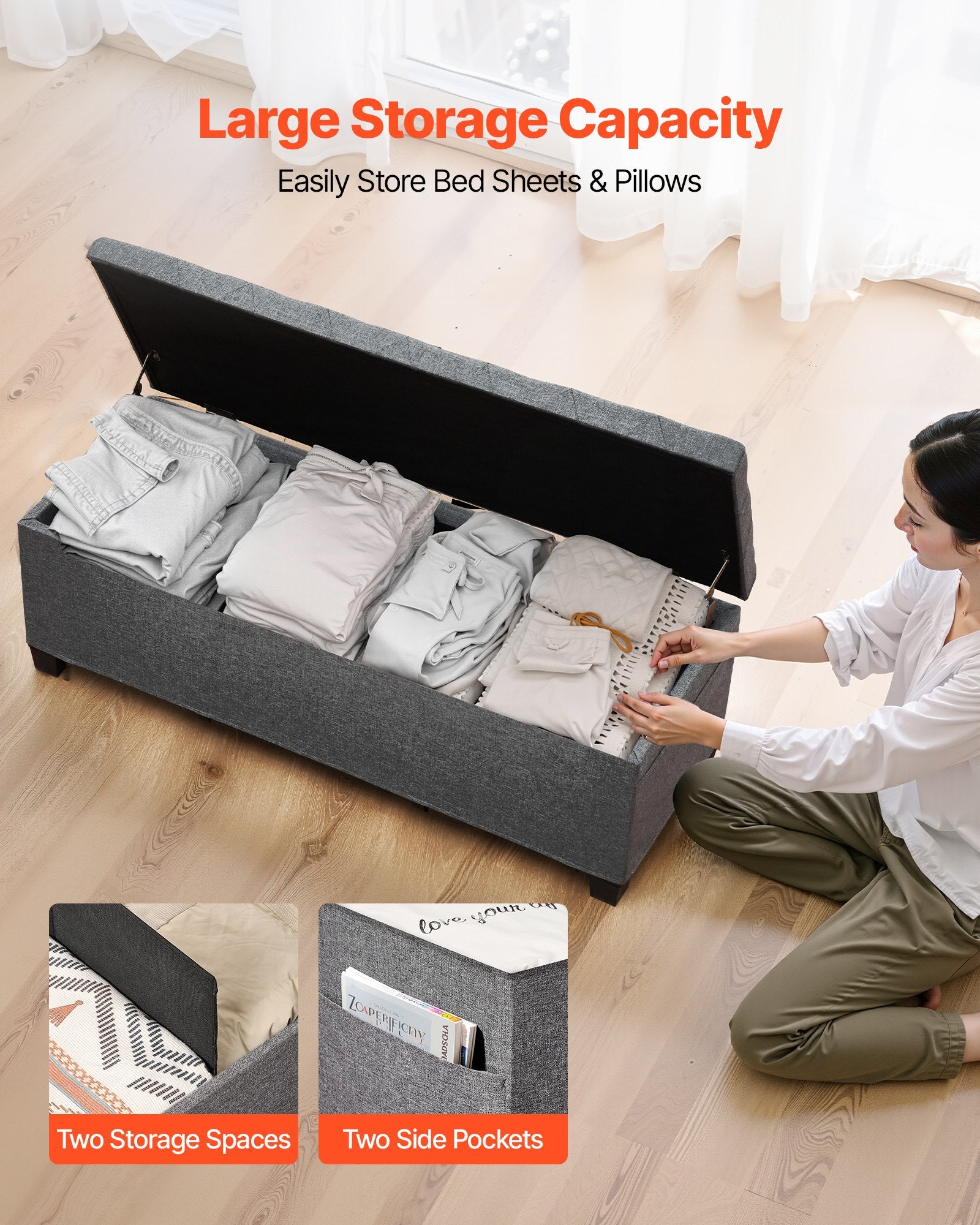 Storage Ottoman Bench Button-Tufted Side Bags Flip-Up Linen Metal Frame Grey