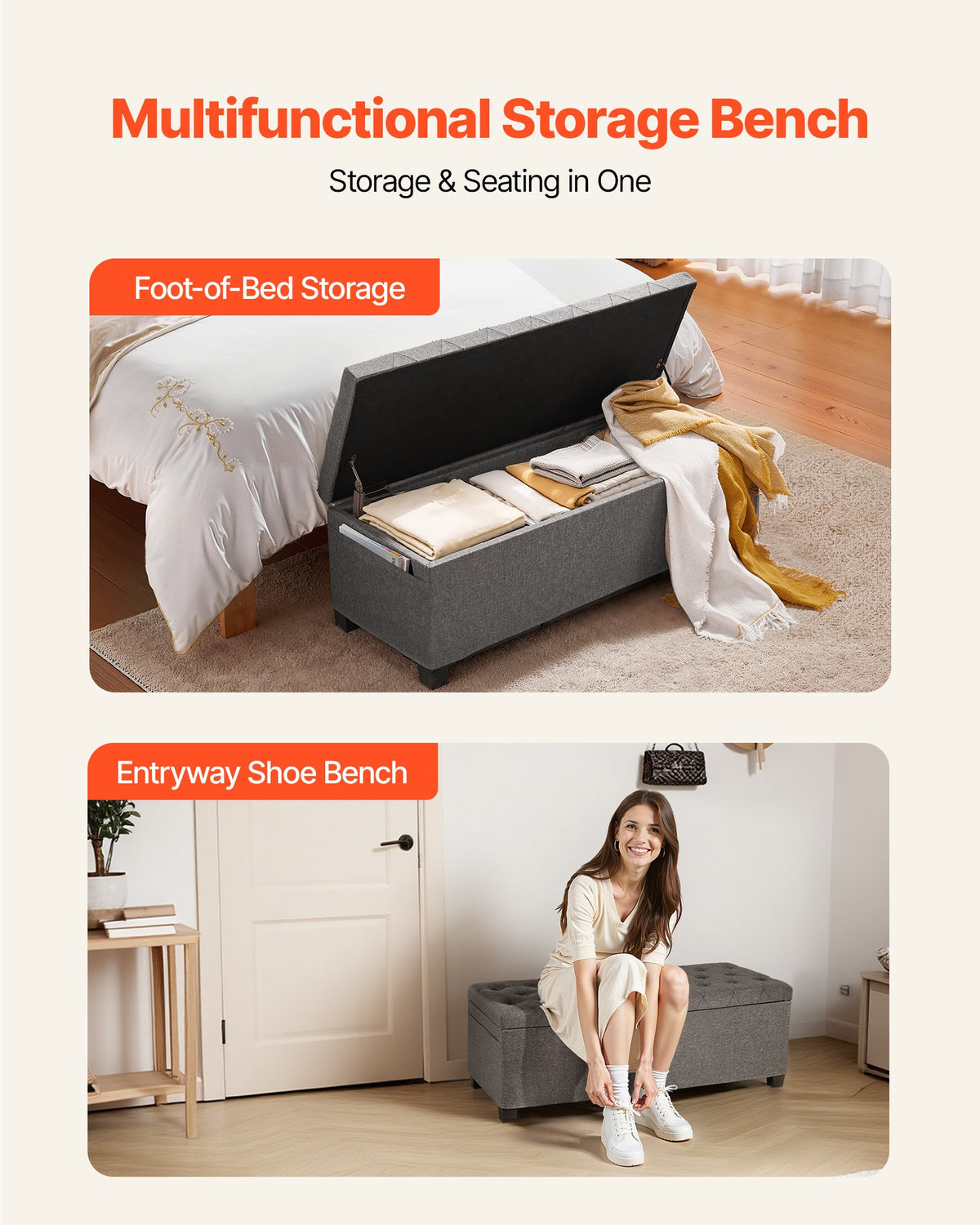 Storage Ottoman Bench Button-Tufted Side Bags Flip-Up Linen Metal Frame Grey