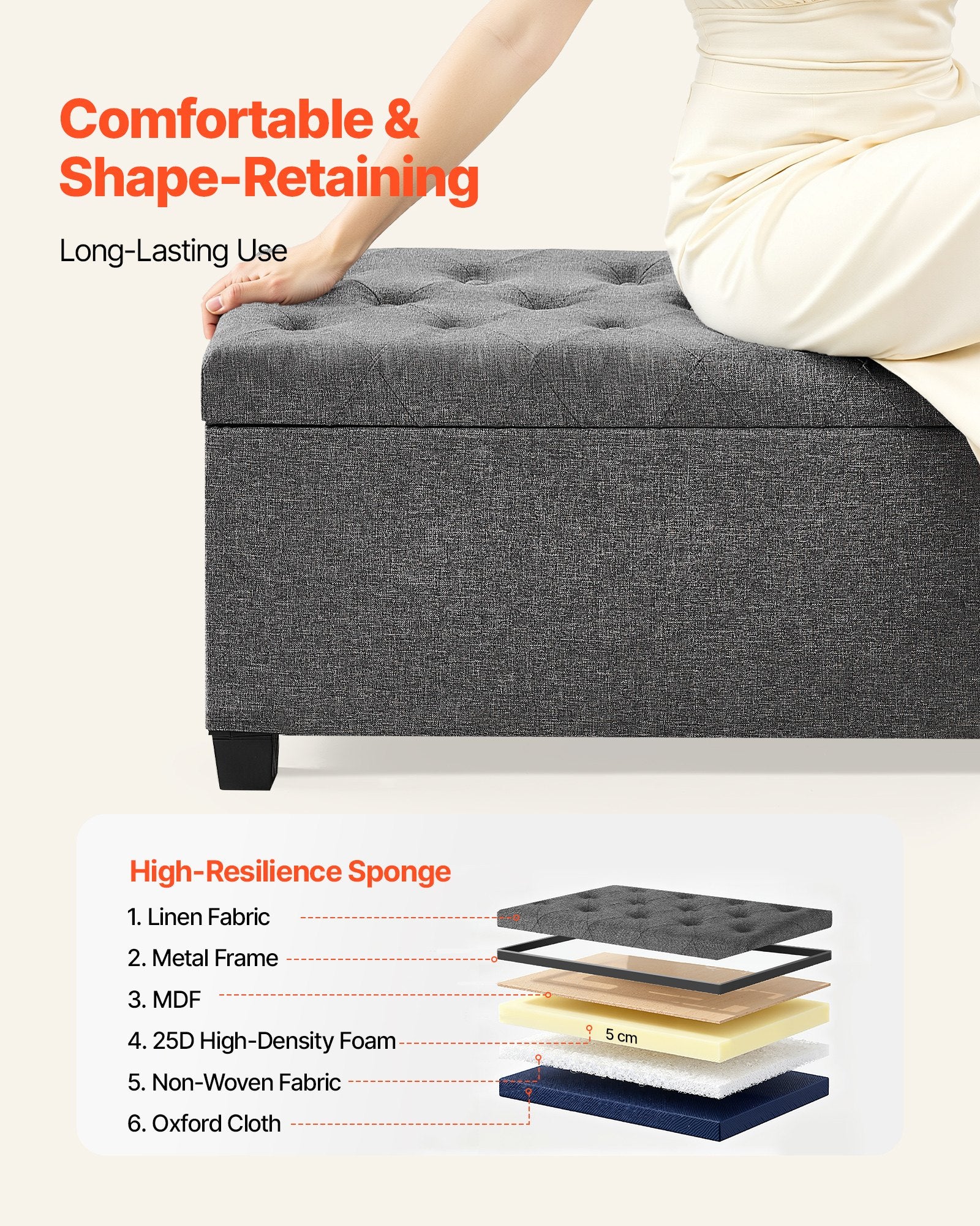 Storage Ottoman Bench Button-Tufted Side Bags Flip-Up Linen Metal Frame Grey