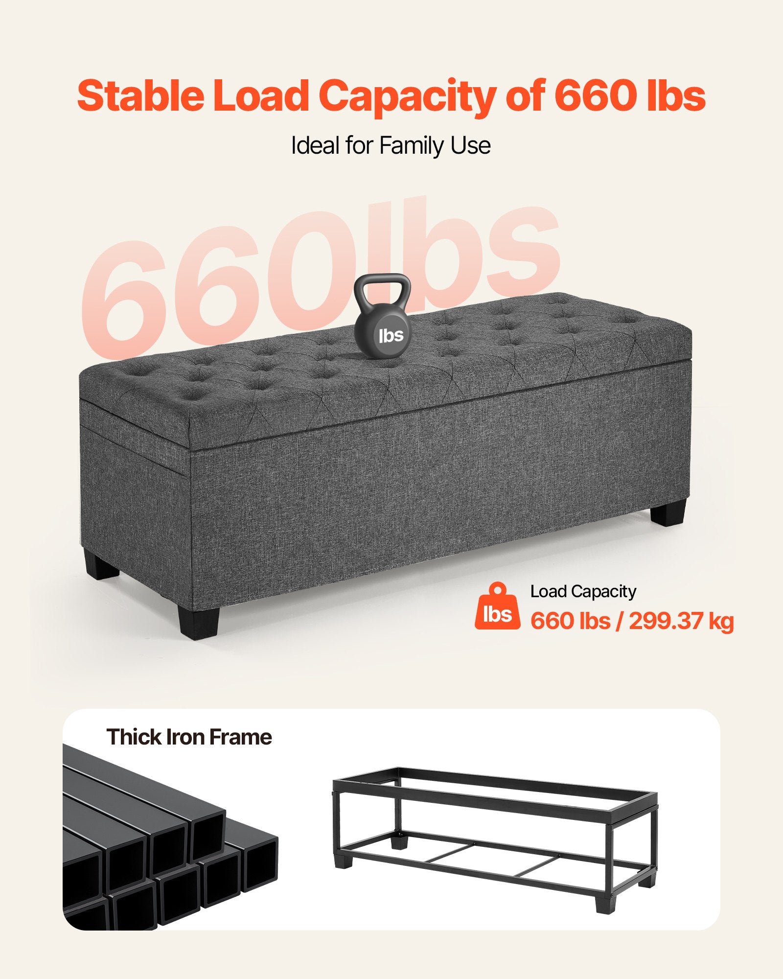 Storage Ottoman Bench Button-Tufted Side Bags Flip-Up Linen Metal Frame Grey