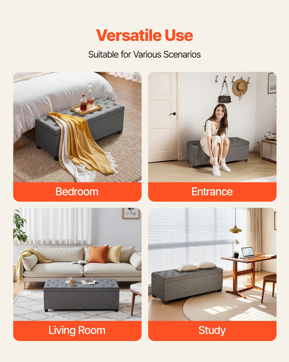 Storage Ottoman Bench Button-Tufted Side Bags Flip-Up Linen Metal Frame Grey