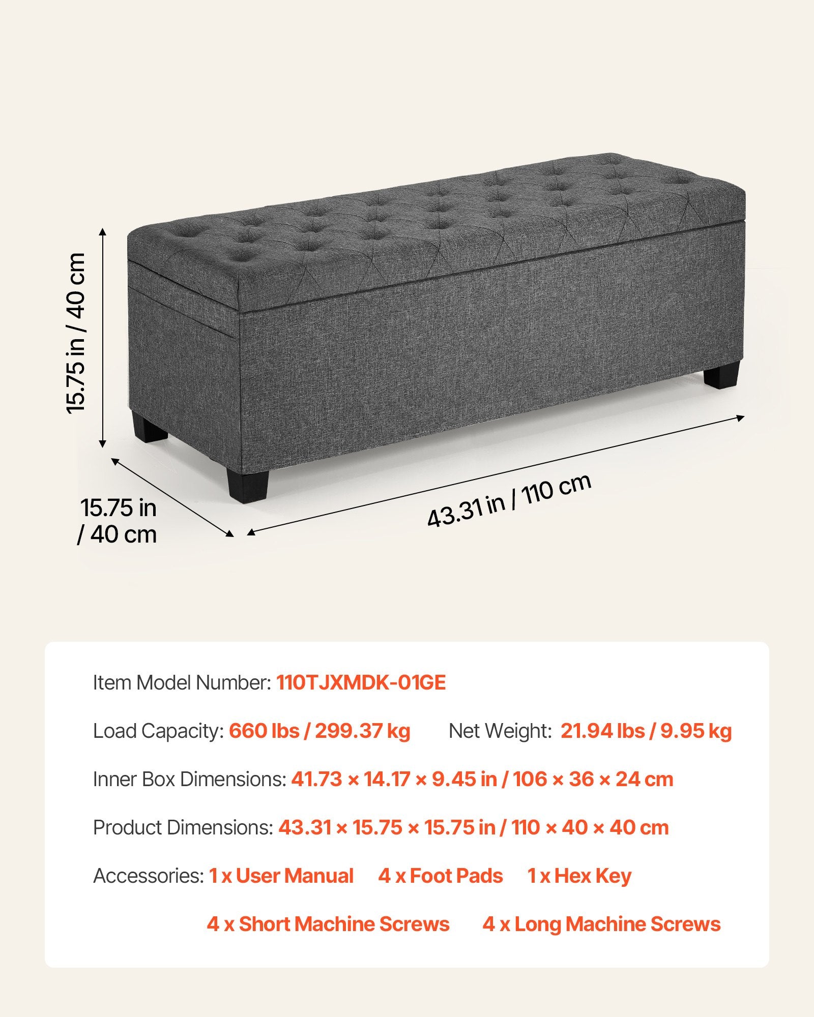 Storage Ottoman Bench Button-Tufted Side Bags Flip-Up Linen Metal Frame Grey