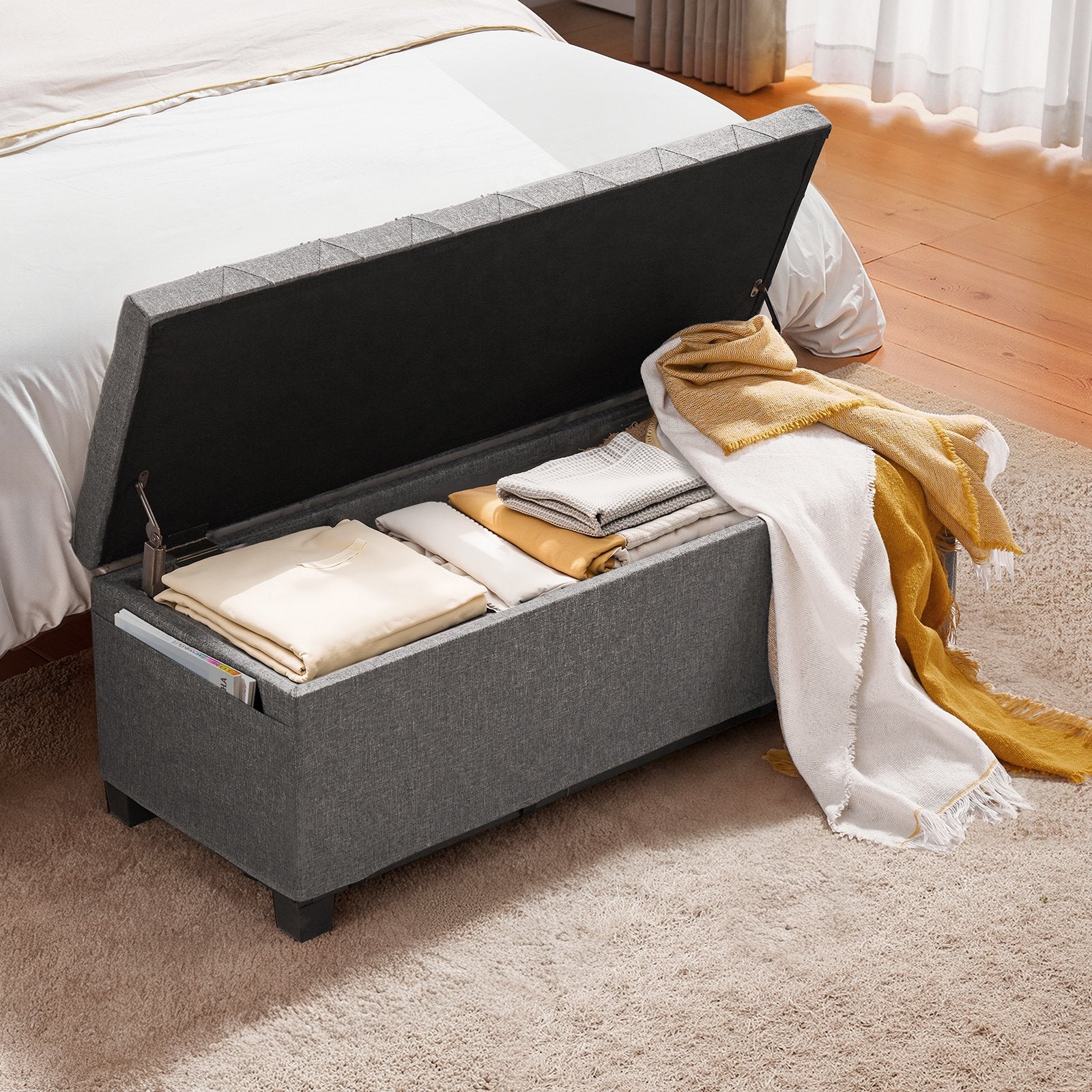 Storage Ottoman Bench Button-Tufted Side Bags Flip-Up Linen Metal Frame Grey