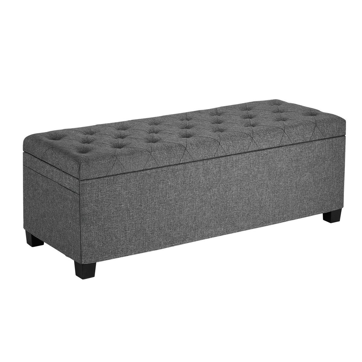 Storage Ottoman Bench Button-Tufted Side Bags Flip-Up Linen Metal Frame Grey