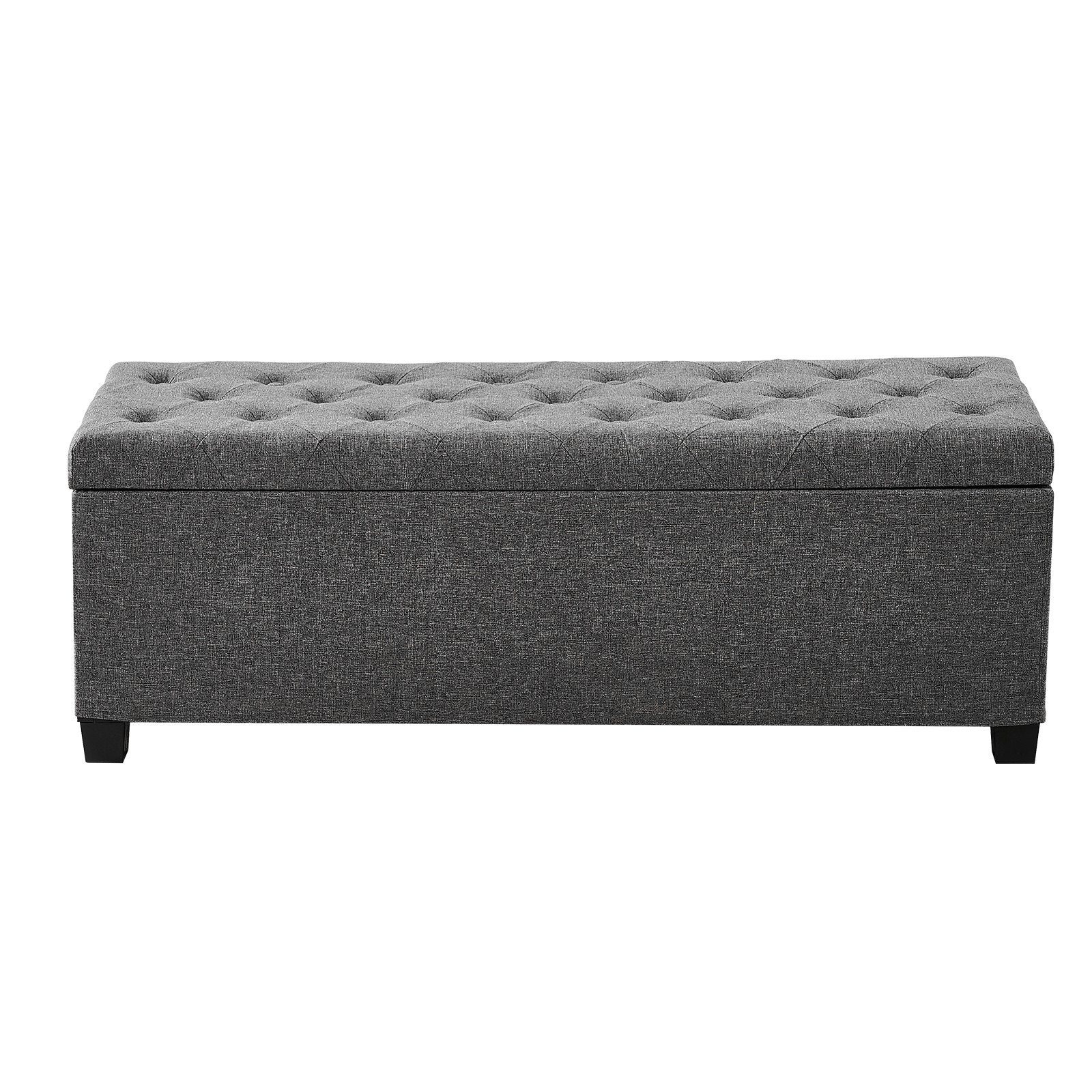 Storage Ottoman Bench Button-Tufted Side Bags Flip-Up Linen Metal Frame Grey