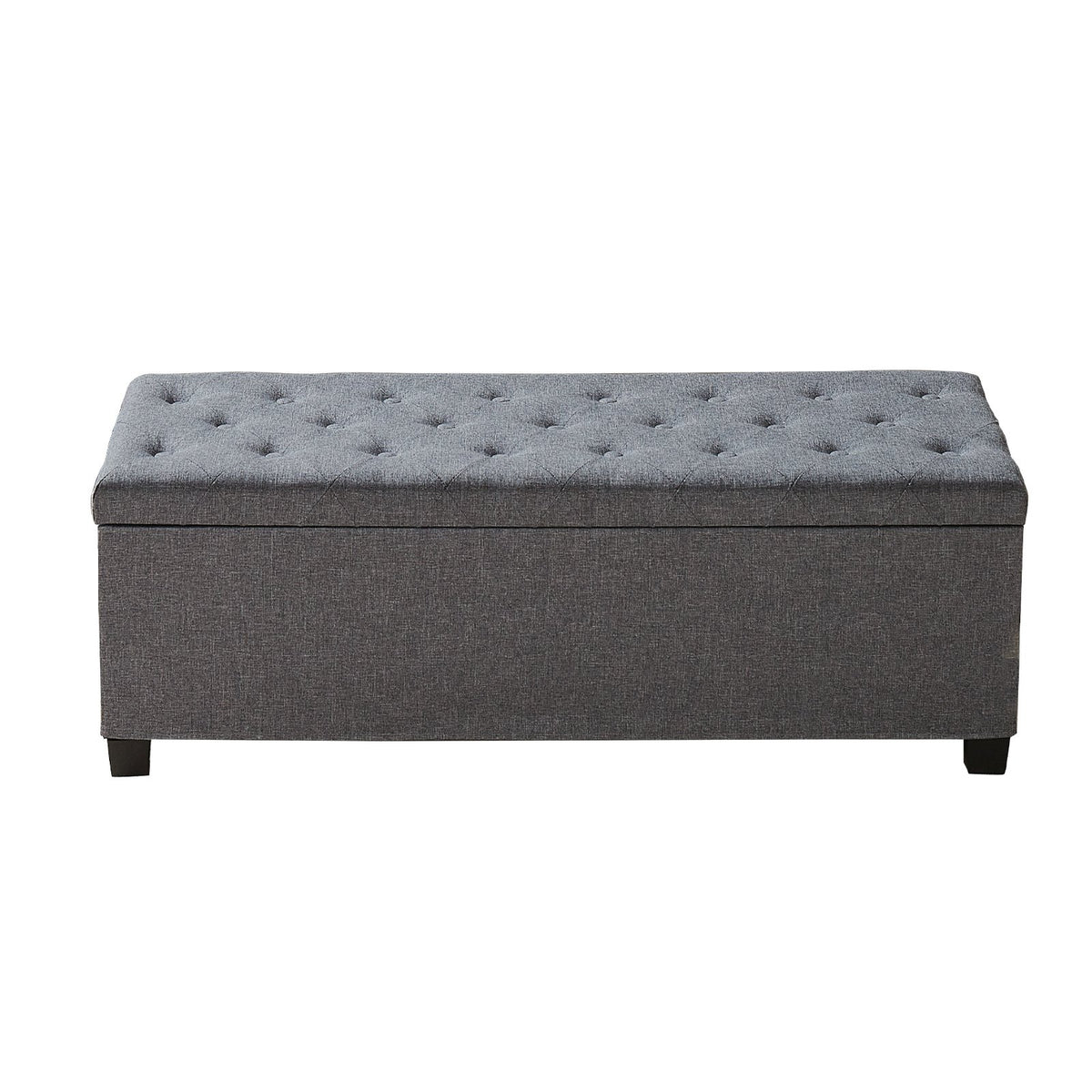 Storage Ottoman Bench Button-Tufted Side Bags Flip-Up Linen Metal Frame Grey