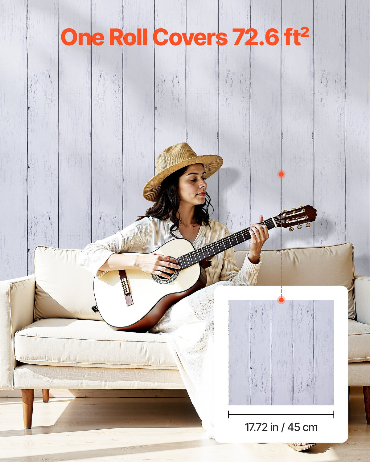 Peel and Stick Wallpaper 45cm x 12m White Wood Textured Waterproof Vinyl Roll