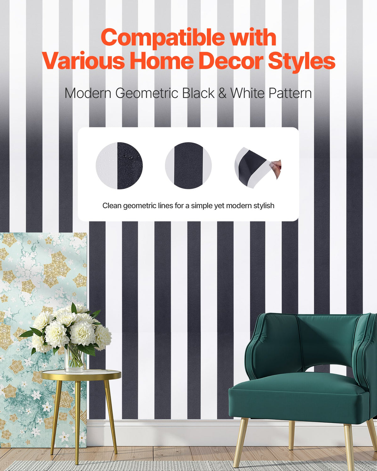 Peel and Stick Wallpaper 45cmx15m Black White Geometric Waterproof Self Adhesive
