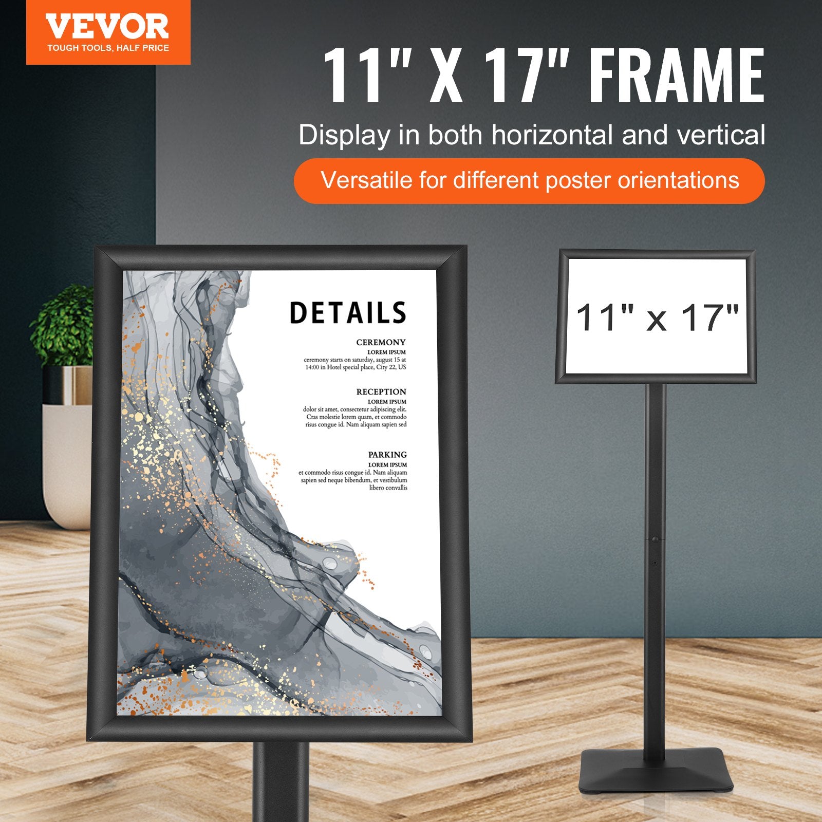 11x17 Pedestal Sign Holder Adjustable Vertical Horizontal Floor Stand Black