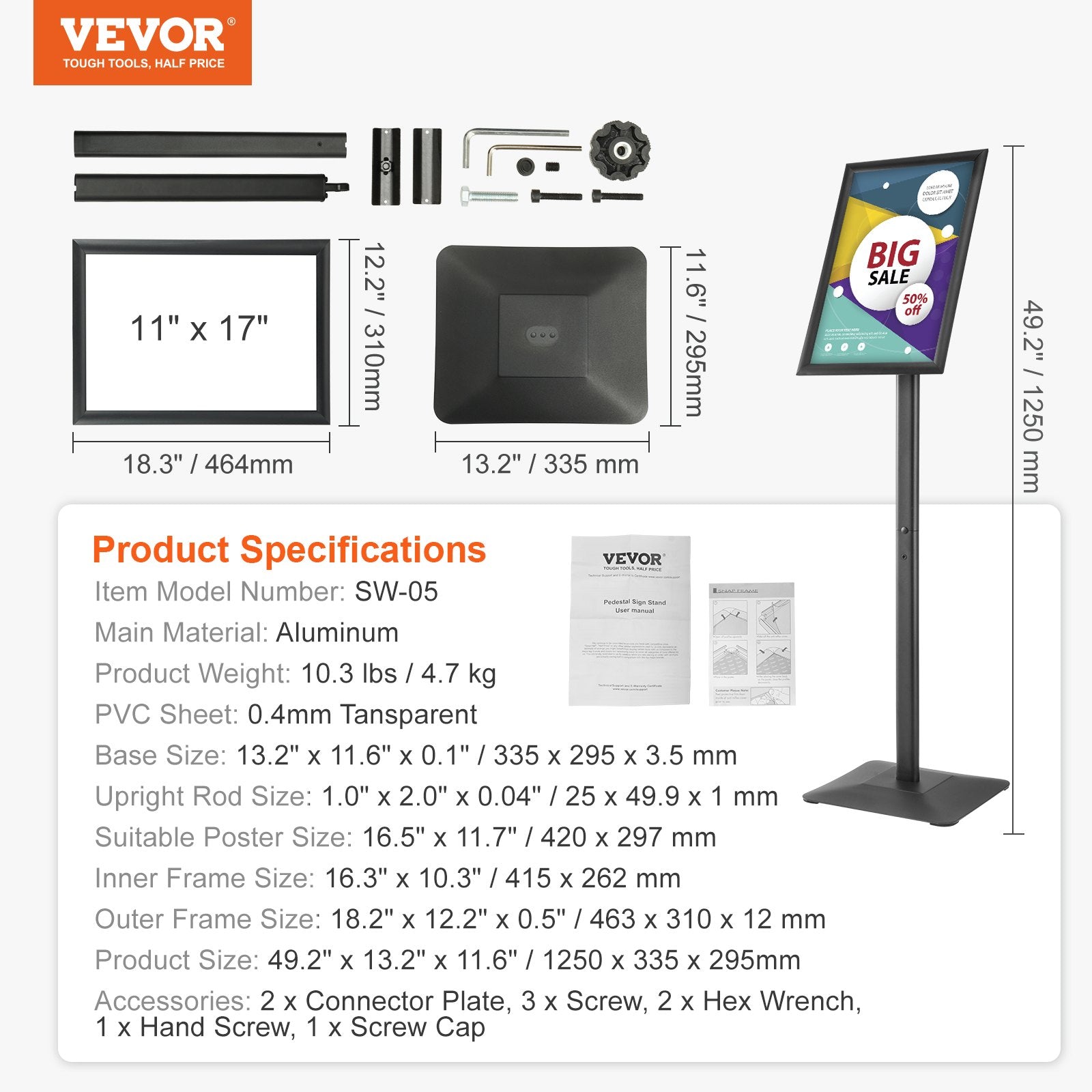 11x17 Pedestal Sign Holder Adjustable Vertical Horizontal Floor Stand Black