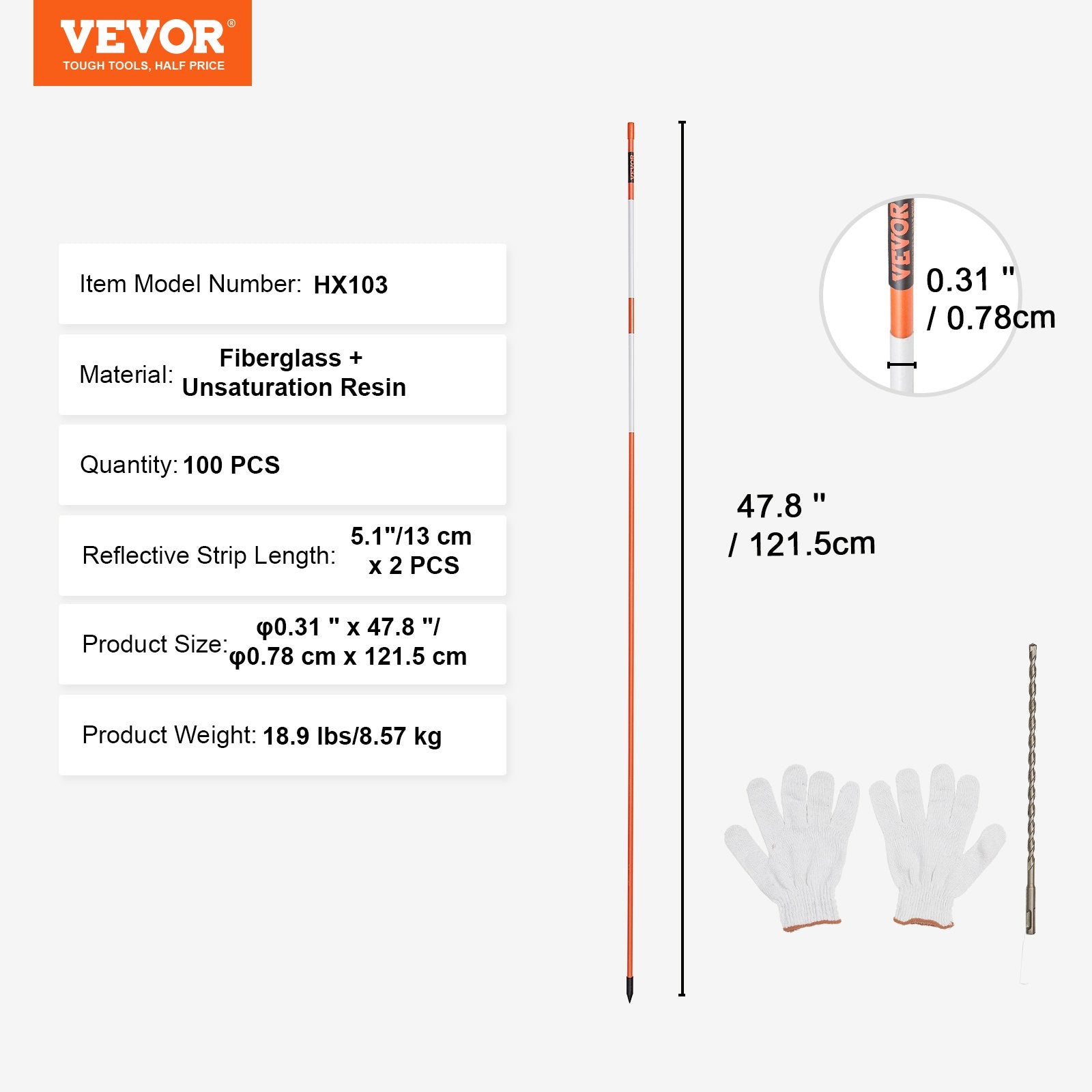 Driveway Markers 100 PCS 121.5cm Orange Fiberglass Snow Stakes Reflective Tape