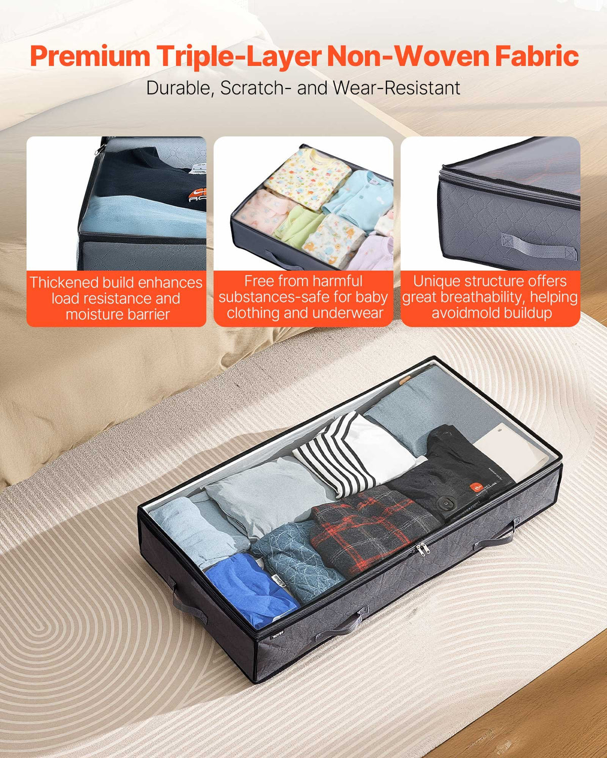Low Profile Under Bed Storage with Clear Lids, 90L Underbed Boxes, 6 Pack