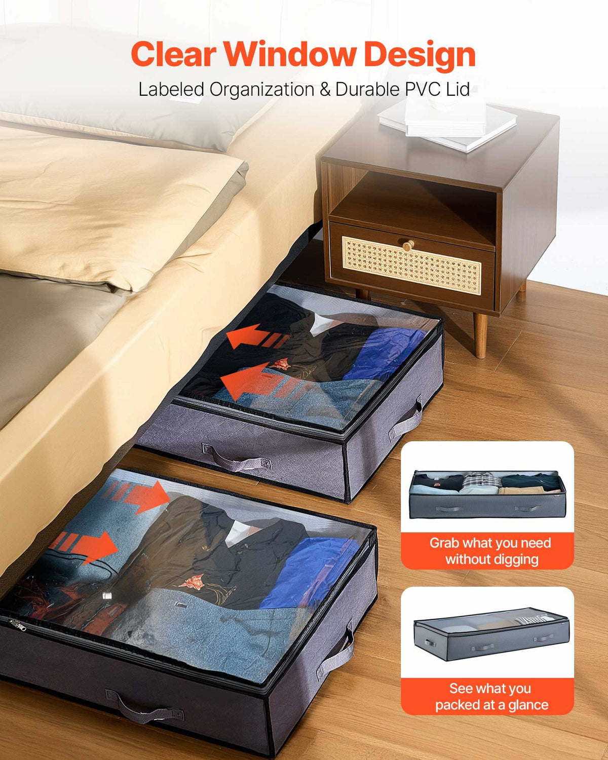 Low Profile Under Bed Storage with Clear Lids, 90L Underbed Boxes, 6 Pack