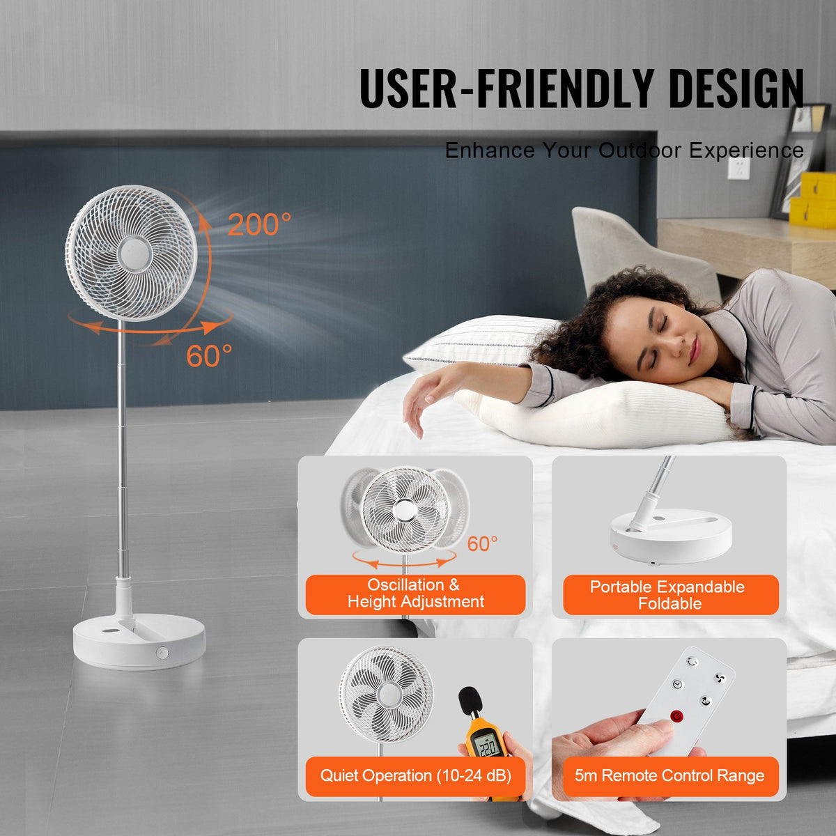 12 Inch Foldable Standing Fan Remote 4-Speed Quiet Portable USB Rechargeable