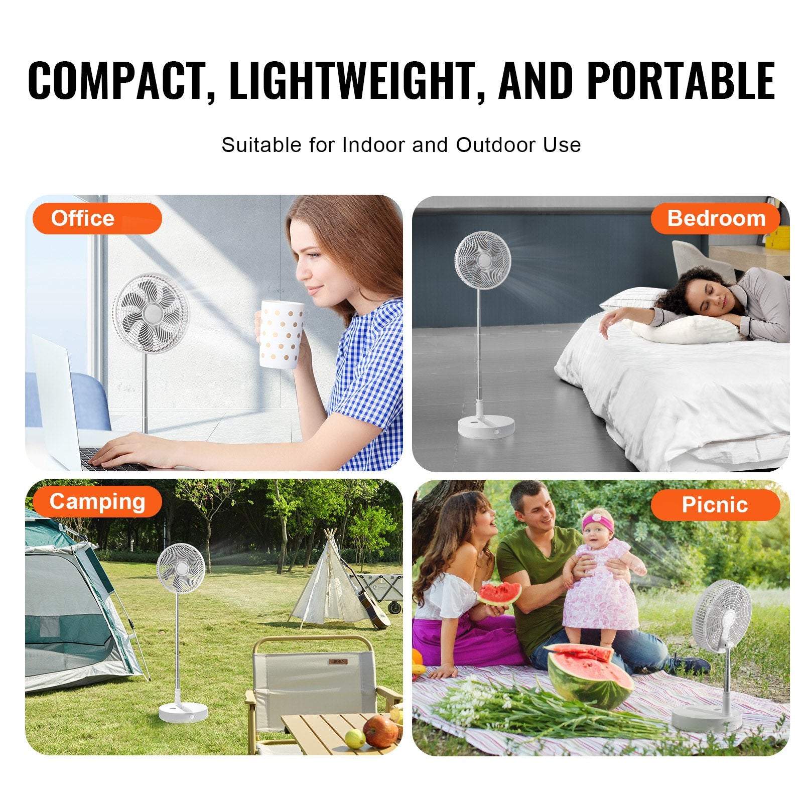 12 Inch Foldable Standing Fan Remote 4-Speed Quiet Portable USB Rechargeable