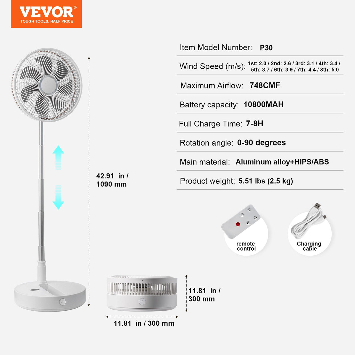 12 Inch Foldable Standing Fan Remote 4-Speed Quiet Portable USB Rechargeable