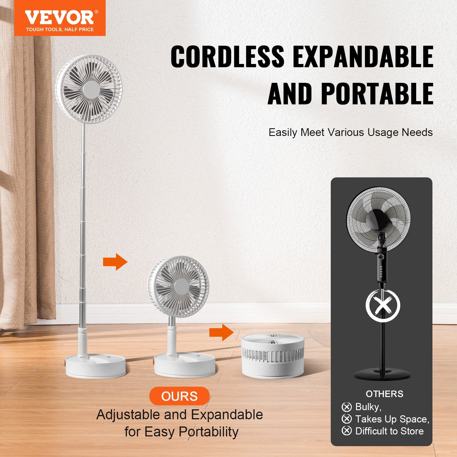8" Foldable Oscillating Standing Fan 4-Speed Portable USB Rechargeable Remote