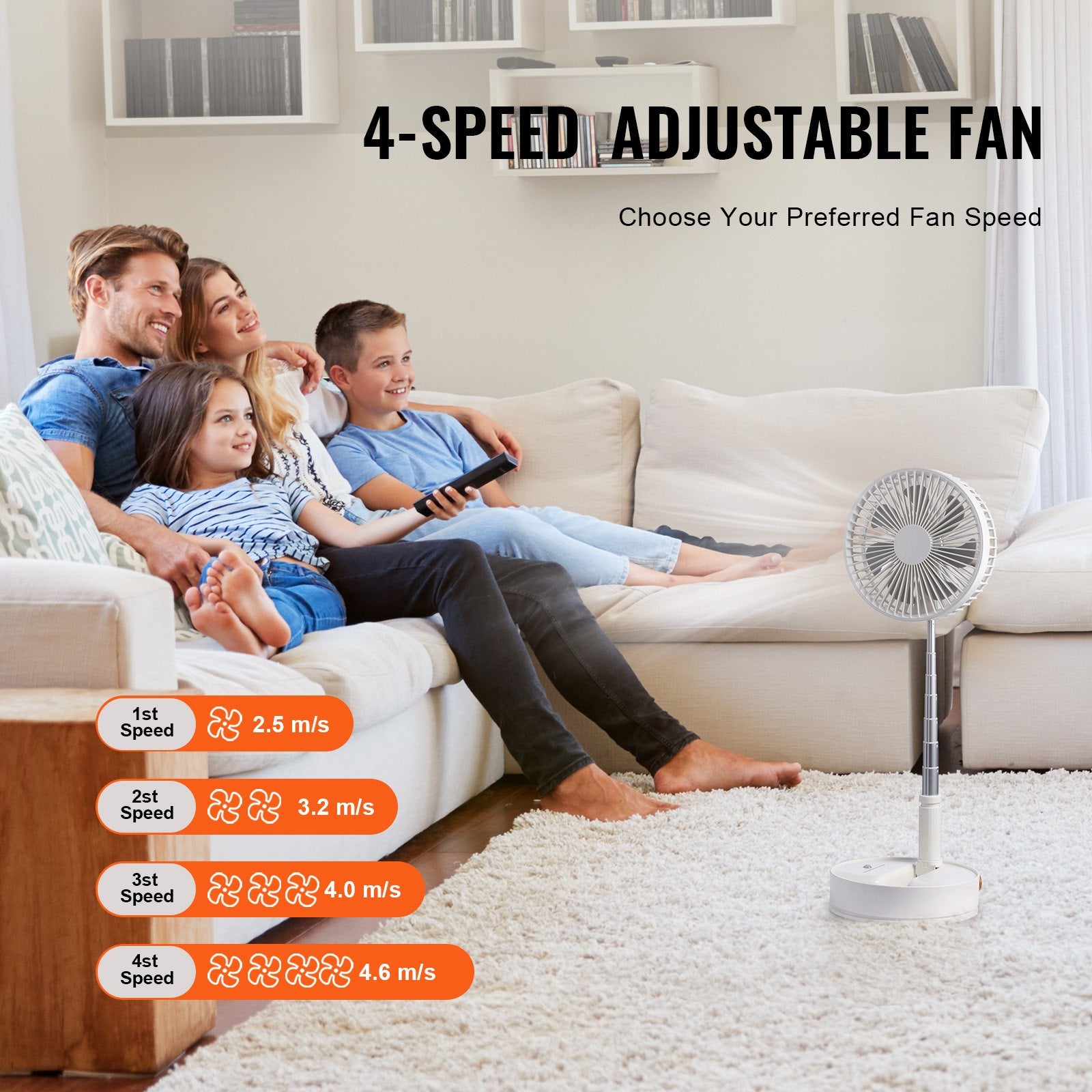 8" Foldable Oscillating Standing Fan 4-Speed Portable USB Rechargeable Remote