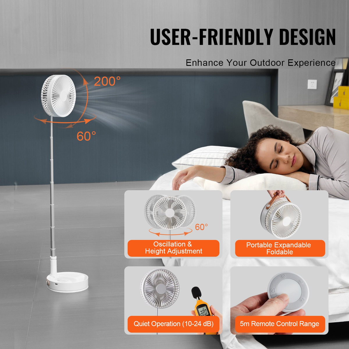 8" Foldable Oscillating Standing Fan 4-Speed Portable USB Rechargeable Remote