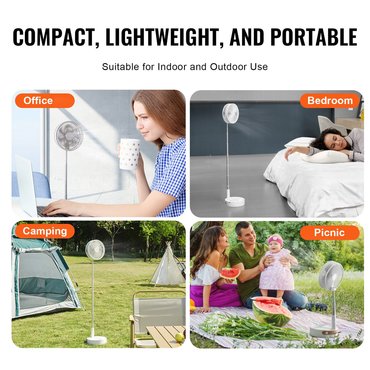 8" Foldable Oscillating Standing Fan 4-Speed Portable USB Rechargeable Remote