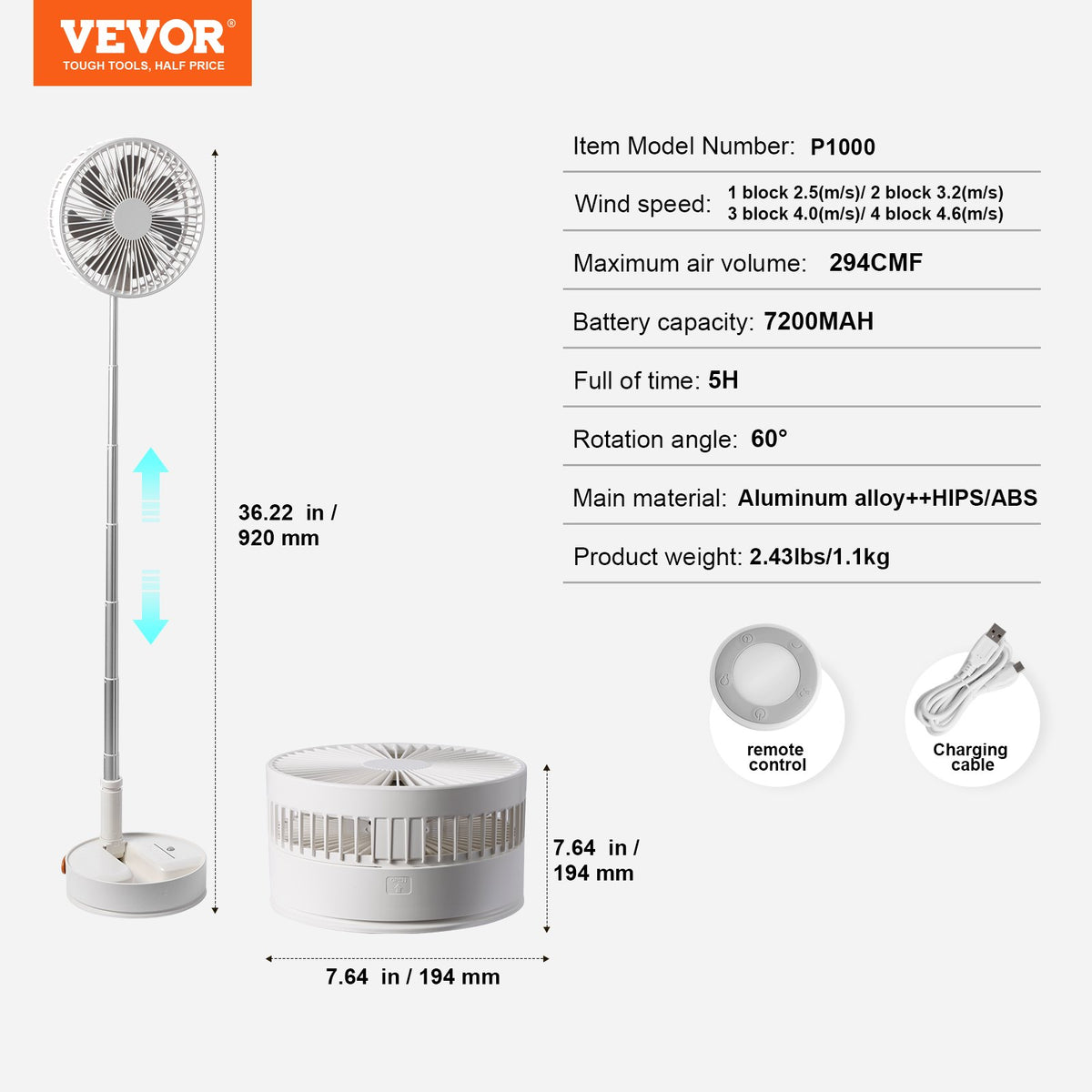 8" Foldable Oscillating Standing Fan 4-Speed Portable USB Rechargeable Remote