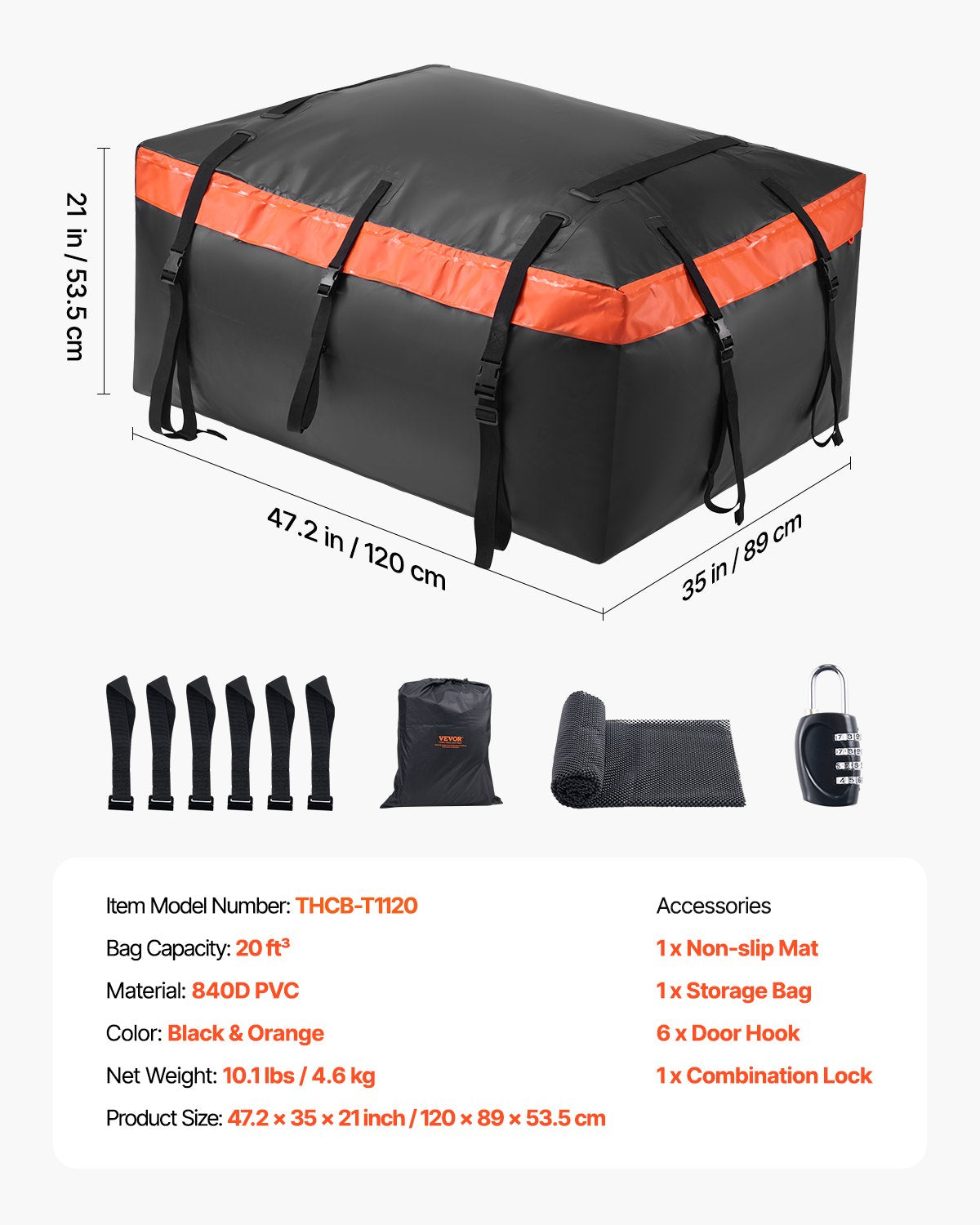 Car Rooftop Cargo Carrier Bag 20cuft Heavy Duty 840D PVC Waterproof w/Lock Mat