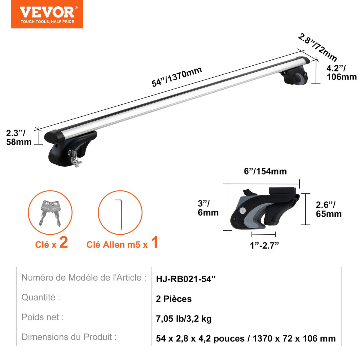 Roof Rack Cross Bars Aluminum Fit Raised Side Rail 90kg Load Adjustable w/Locks