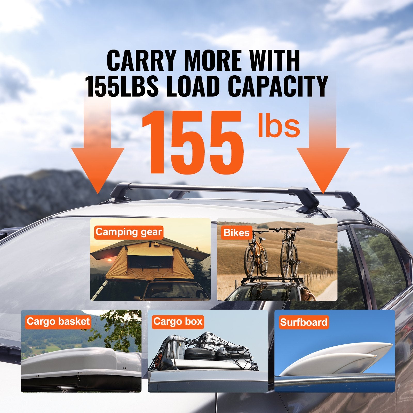 Roof Rack Cross Bars Universal Aluminum Adjustable Bare Roof 70KG with Locks