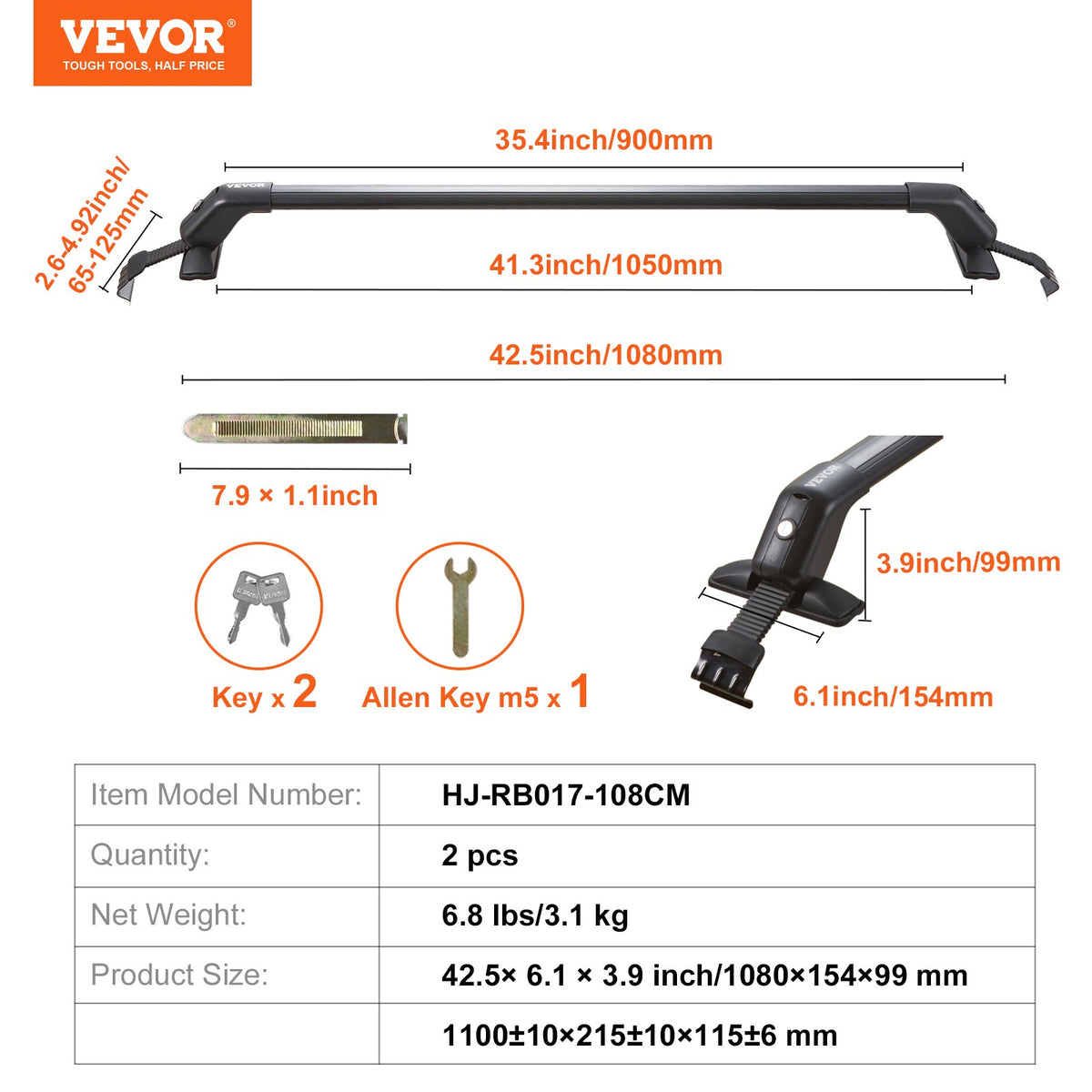 Roof Rack Cross Bars Universal Aluminum Adjustable Bare Roof 70KG with Locks
