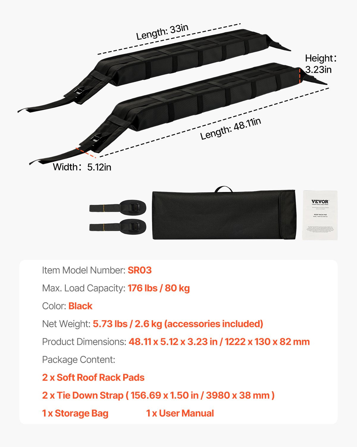 Soft Roof Rack Pads 33in Universal Car 176lbs Luggage Kayak Carrier w/Straps Bag