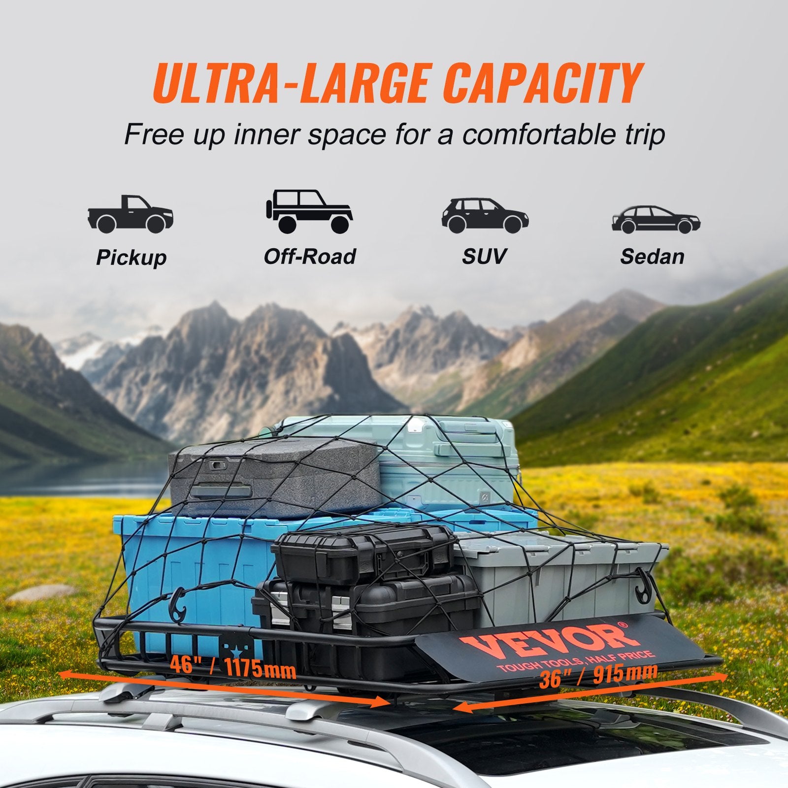 Roof Rack Cargo Basket 1175x915x114mm 200LBS Capacity for SUV Truck Cars