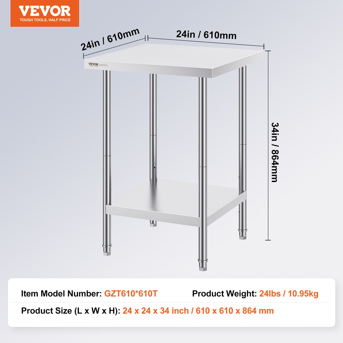 Stainless Steel Prep Table 24x24x34 in Heavy Duty Adjustable Workstation