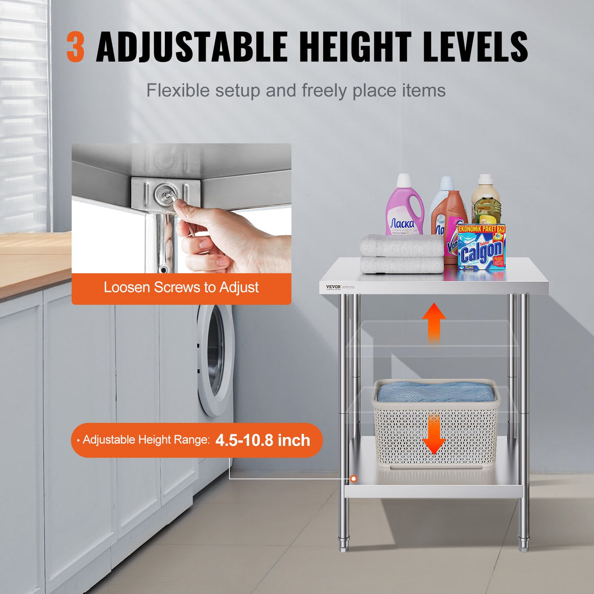 Stainless Steel Prep Table 24x30x34in Heavy Duty Adjustable Height Worktable