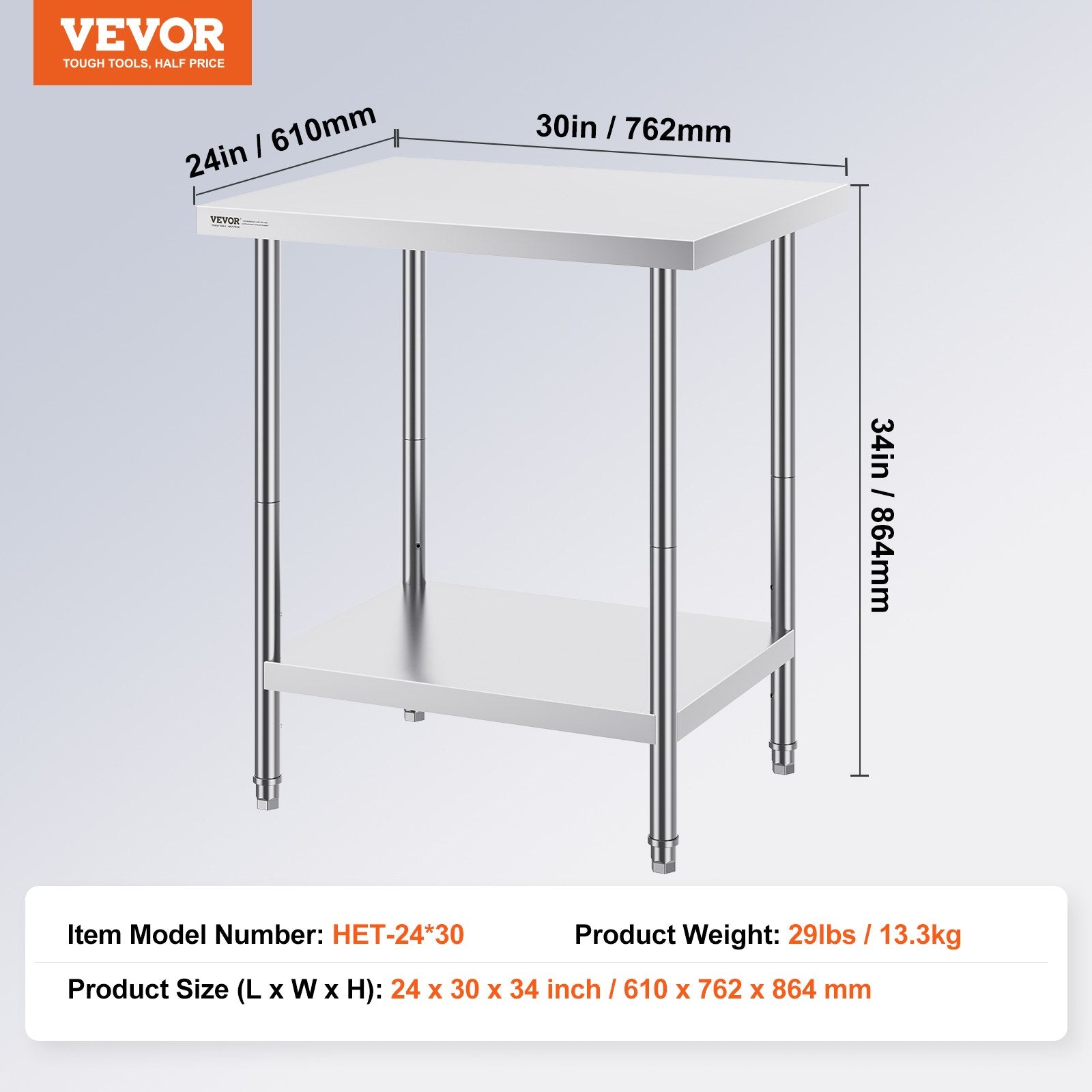 Stainless Steel Prep Table 24x30x34in Heavy Duty Adjustable Height Worktable