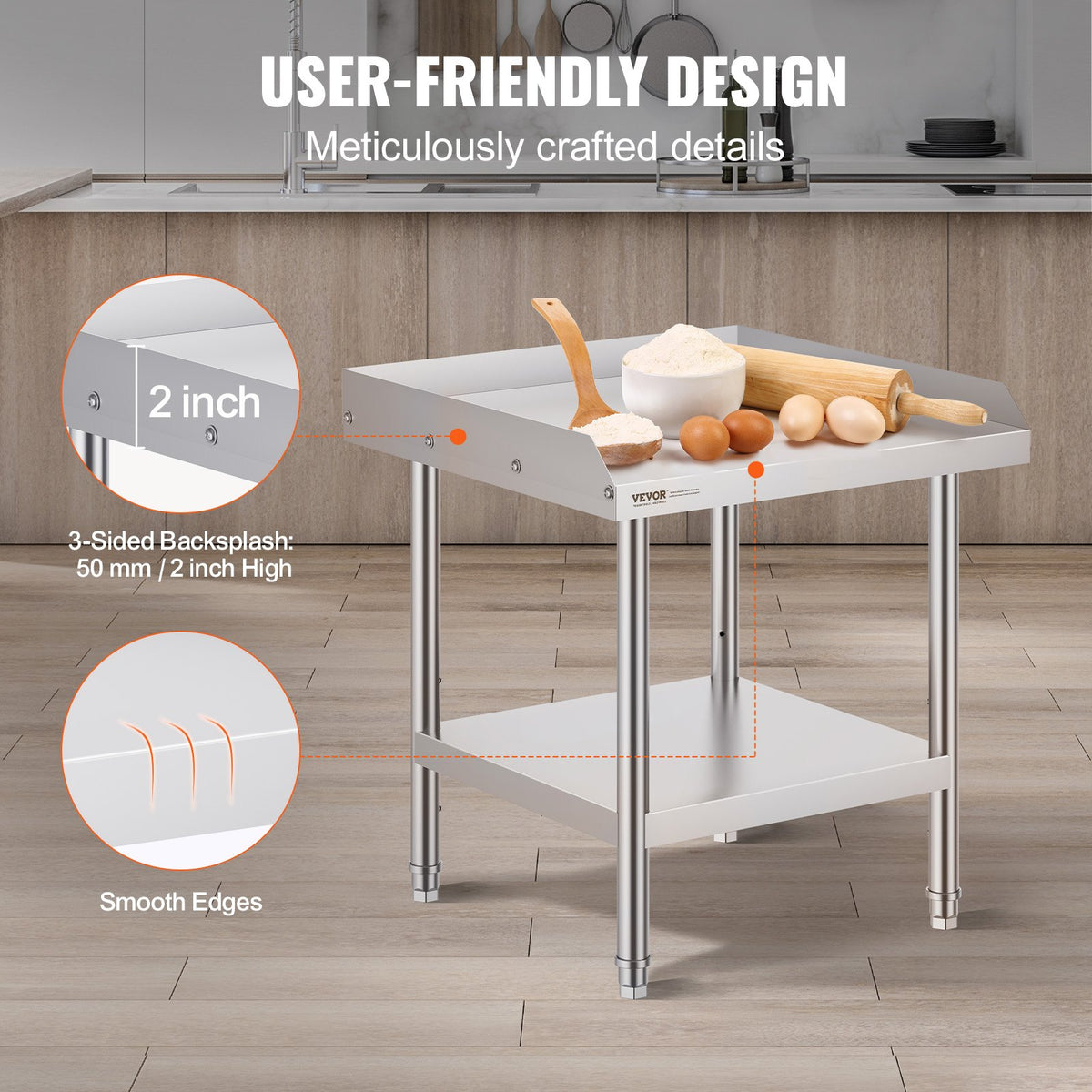 Stainless Steel Work Table 24x24x26in Heavy Duty Commercial Prep Backsplash