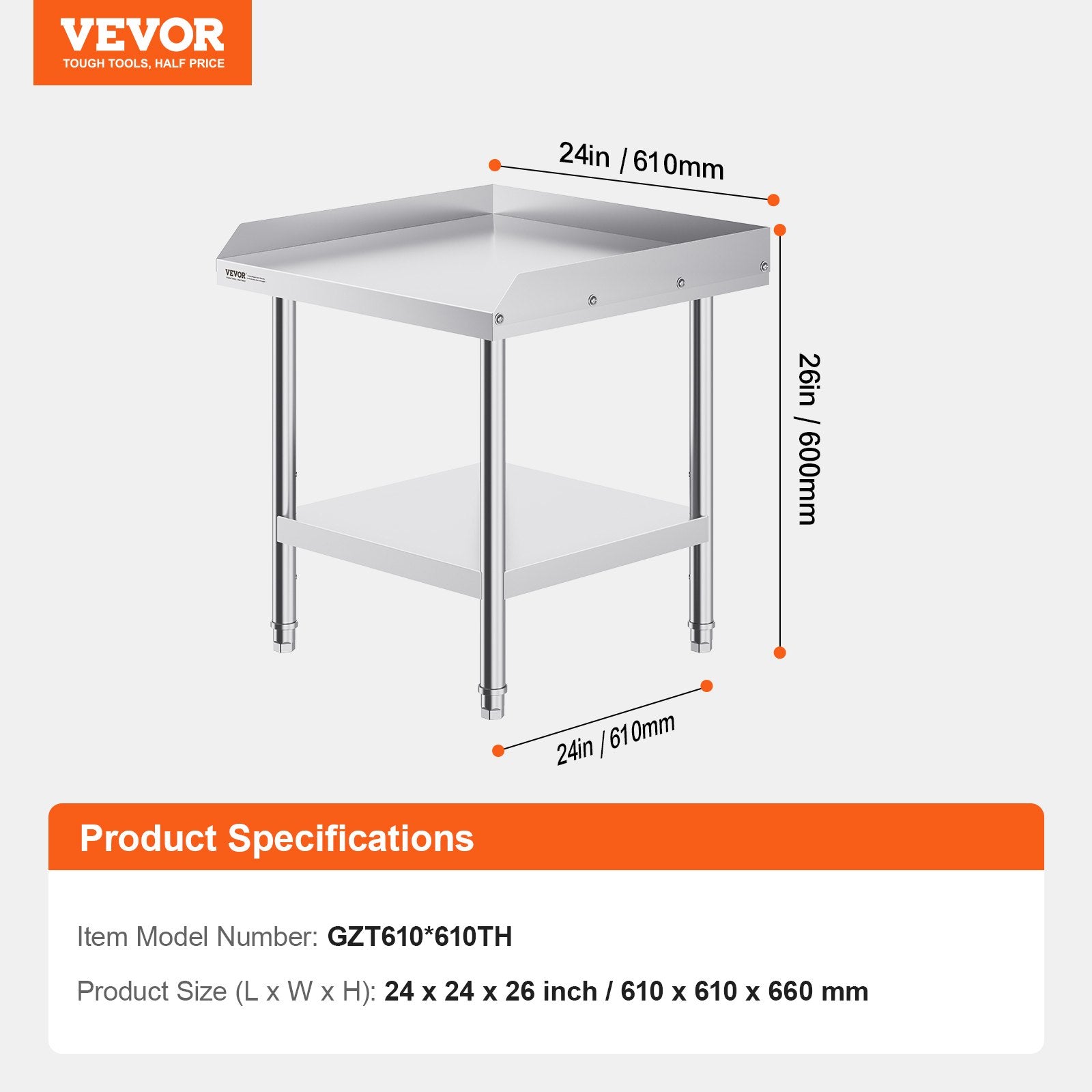 Stainless Steel Work Table 24x24x26in Heavy Duty Commercial Prep Backsplash